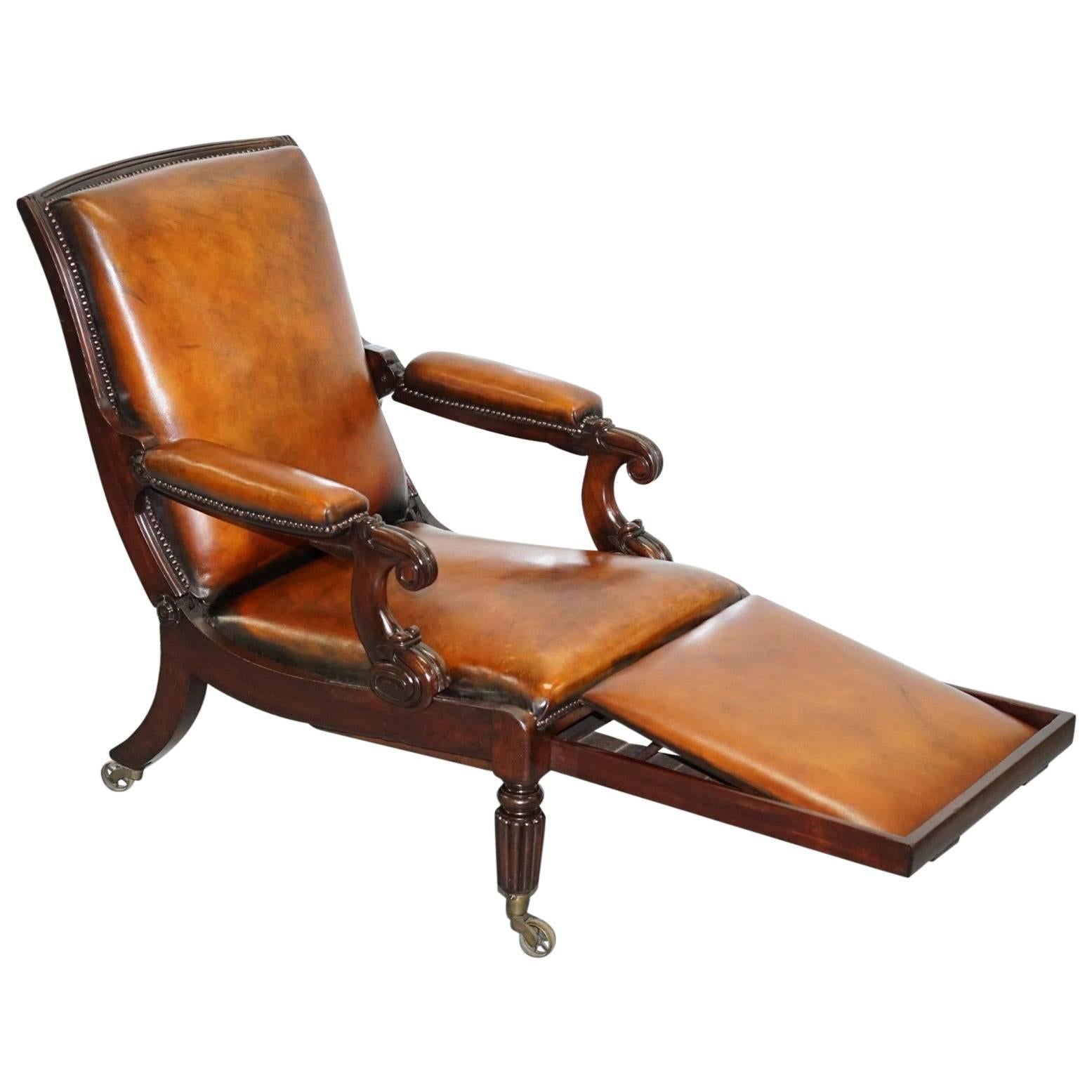 Restored William IV Reclining Library Reading Brown Leather Armchair Footstool For Sale