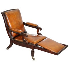 Antique Restored William IV Reclining Library Reading Brown Leather Armchair Footstool
