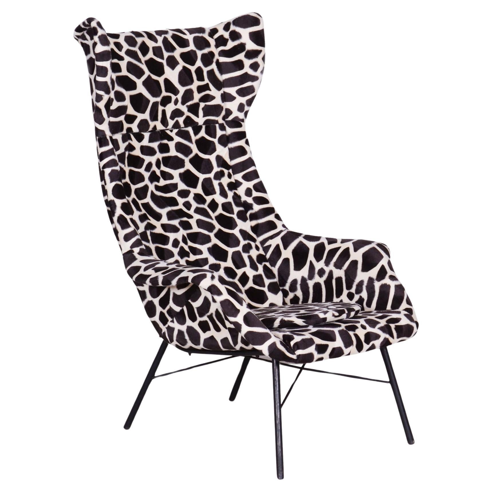Restored Wingchair, Miroslav Navratil, Imitation Giraffe Fur, Czechia, 1950s For Sale