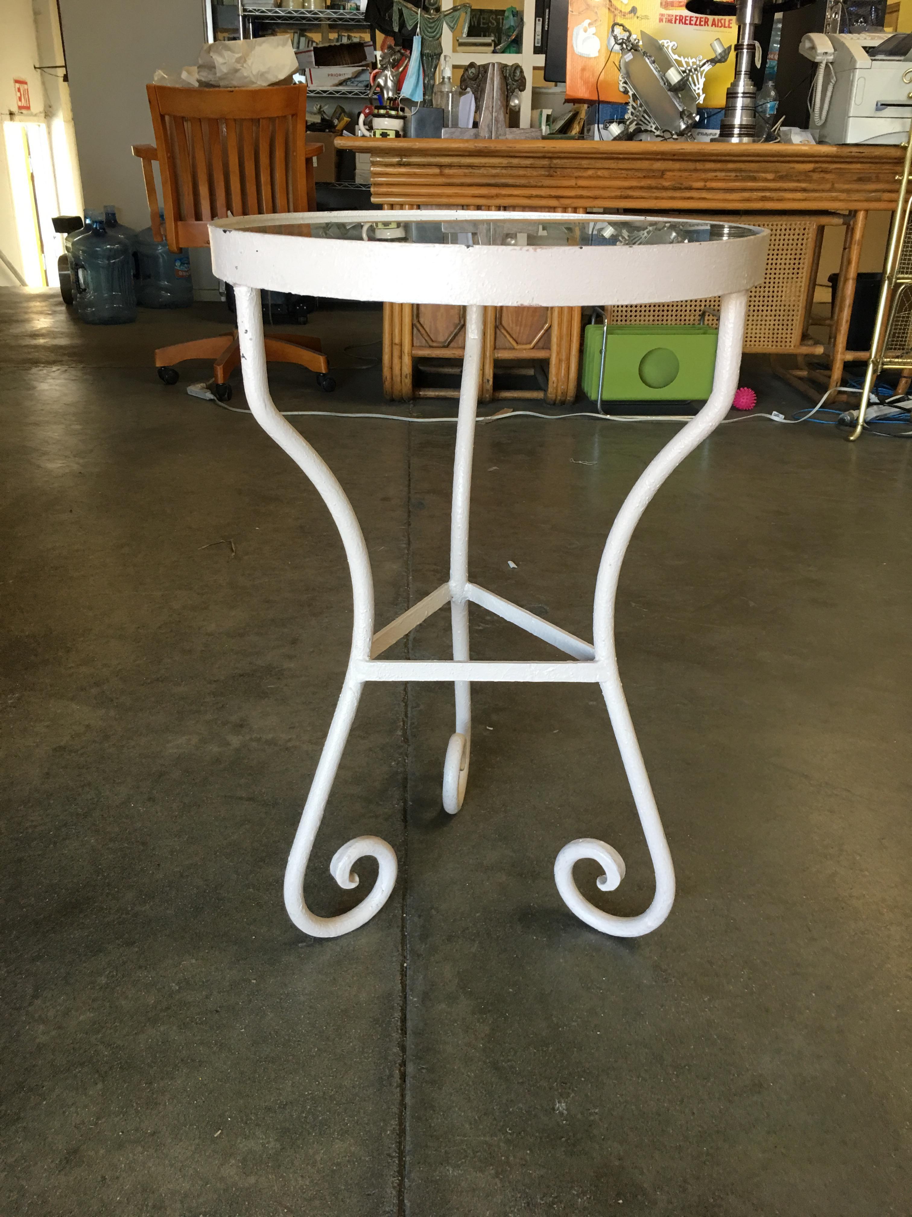 Mid-Century Modern Restored Woodard Round Glass Top Scrolling Steel Outdoor Patio Side Table
