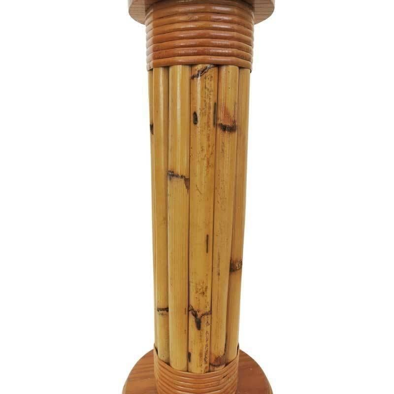 American Restored Wrapped Rattan Pole Lamp with Mahogany Base For Sale