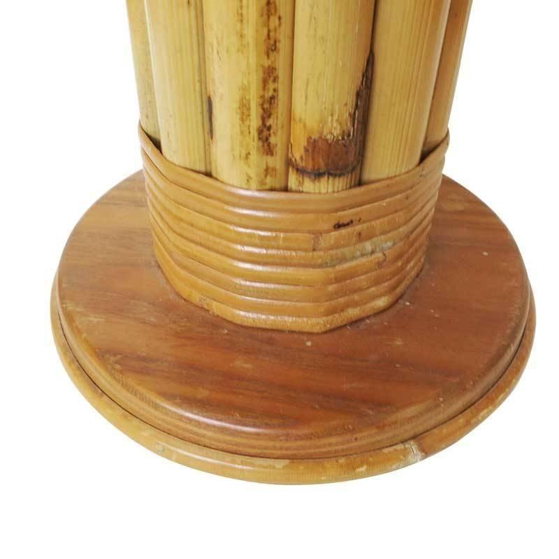 Restored Wrapped Rattan Pole Lamp with Mahogany Base In Excellent Condition For Sale In Van Nuys, CA
