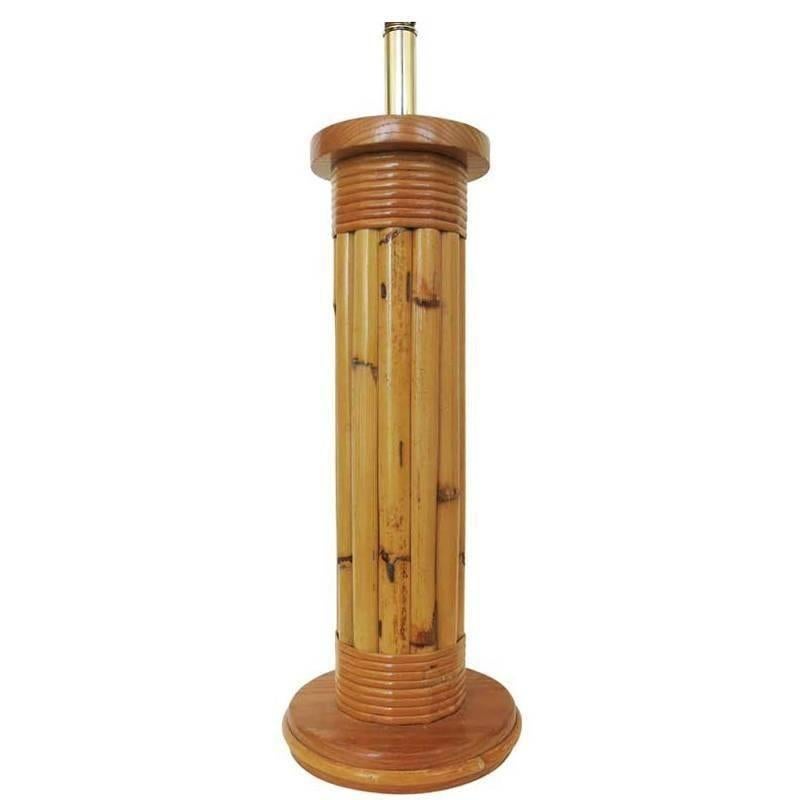 Mid-20th Century Restored Wrapped Rattan Pole Lamp with Mahogany Base For Sale