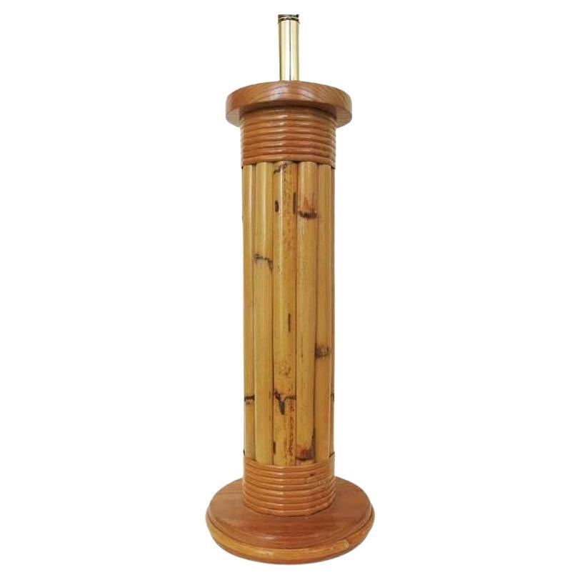 Restored Wrapped Rattan Pole Lamp with Mahogany Base For Sale