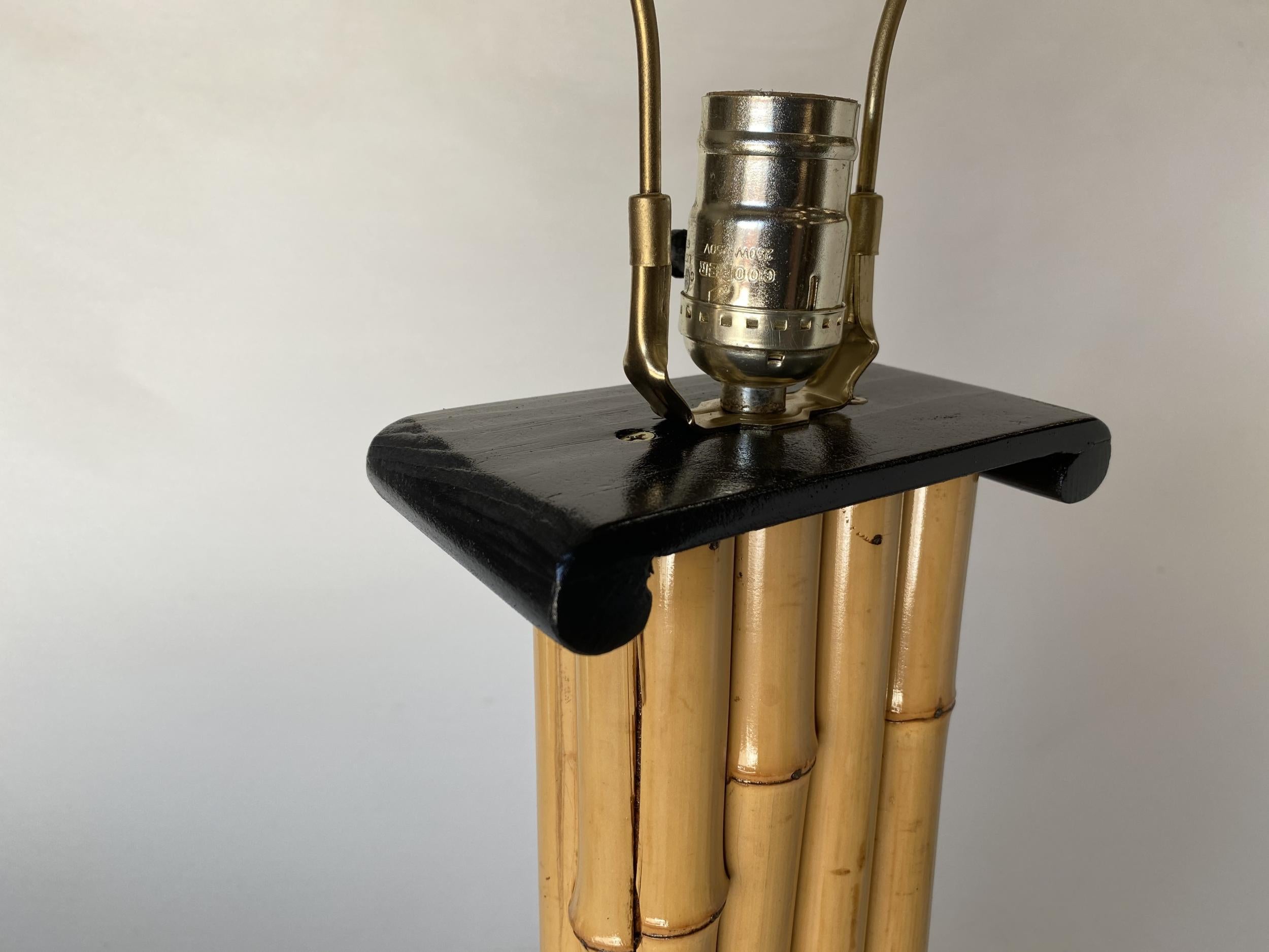 Restored Wrapped Rattan Pole Lamp with Black Lacquer Demi Base In Excellent Condition In Van Nuys, CA