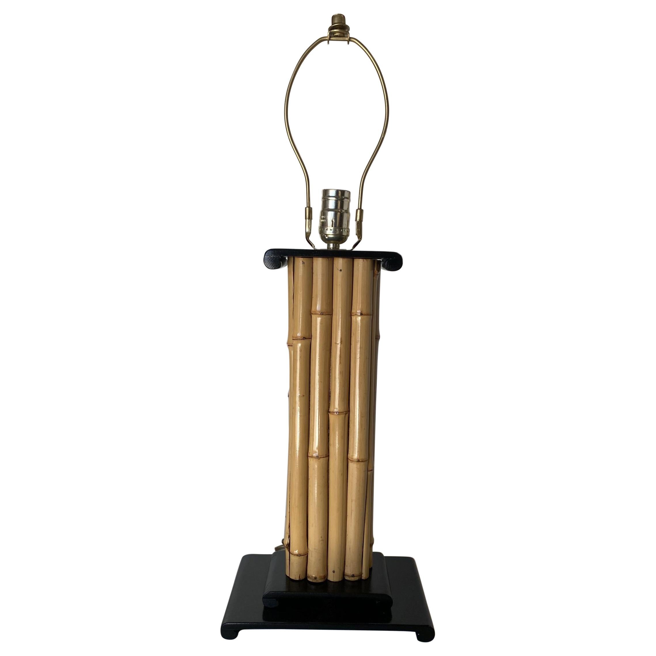 Restored Wrapped Rattan Pole Lamp with Black Lacquer Demi Base