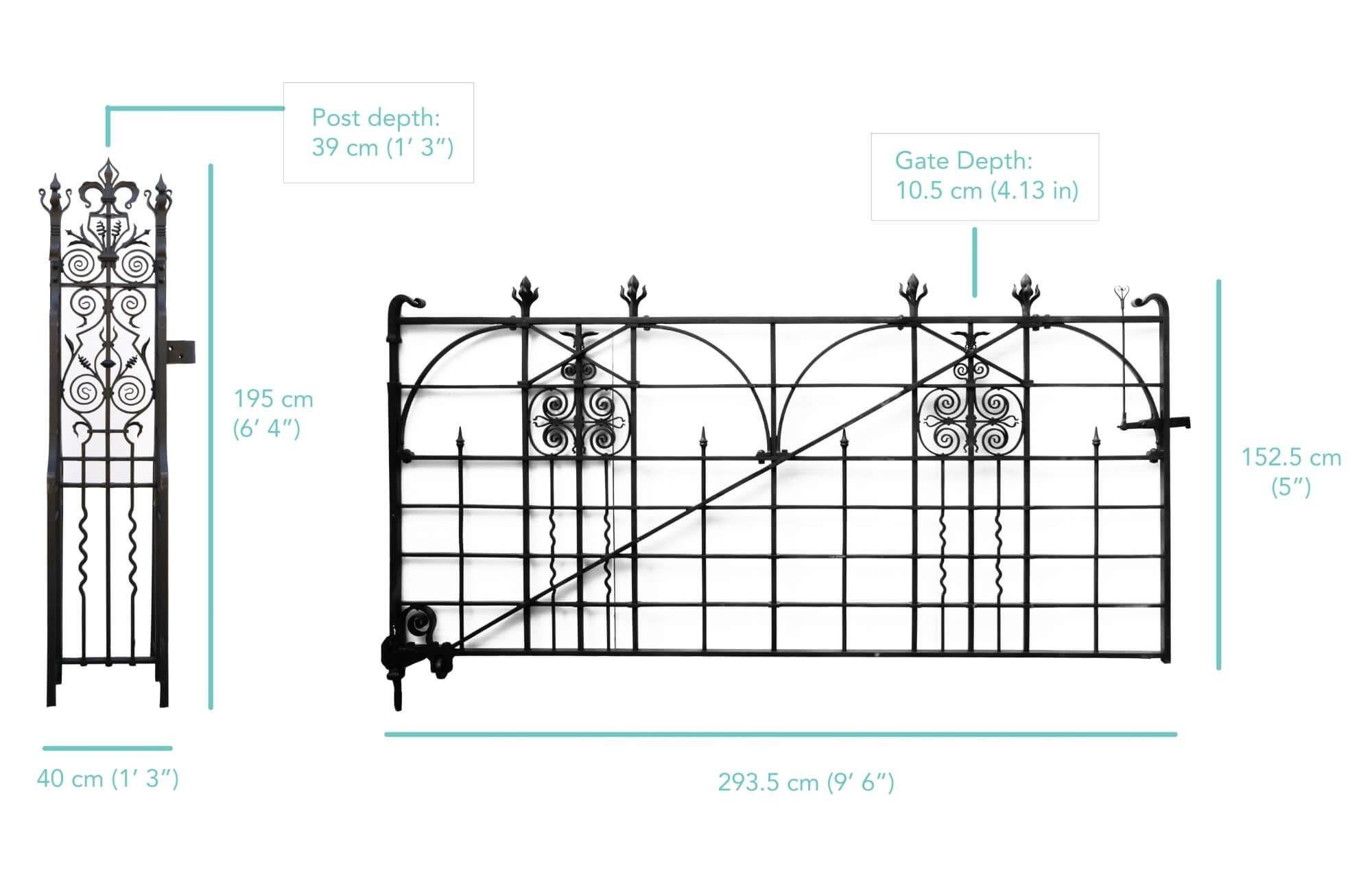 Restored Wrought Iron Driveway Gate & Posts 293.5 cm (9'6