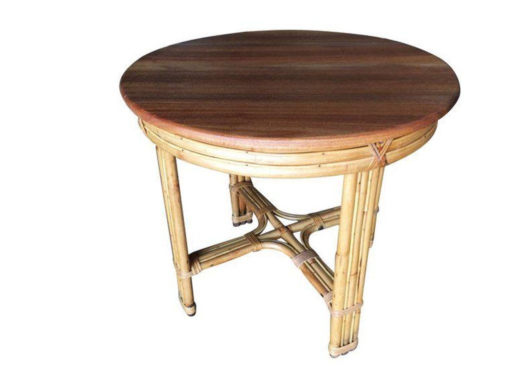 Mid-Century Modern Restored X Pattern Round Rattan End Table W/ Mahogany Top For Sale