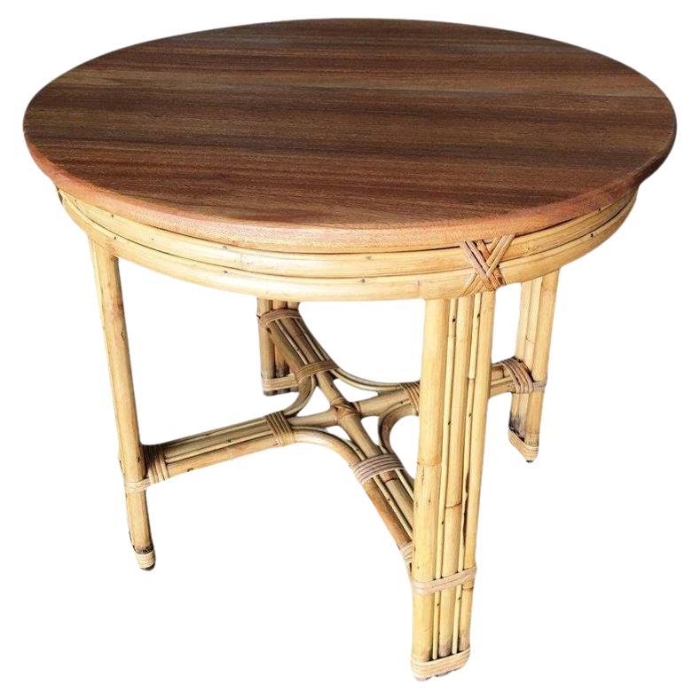 Restored X Pattern Round Rattan End Table W/ Mahogany Top For Sale
