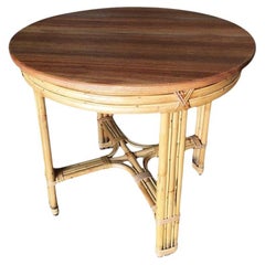 Restored X Pattern Round Rattan End Table W/ Mahogany Top