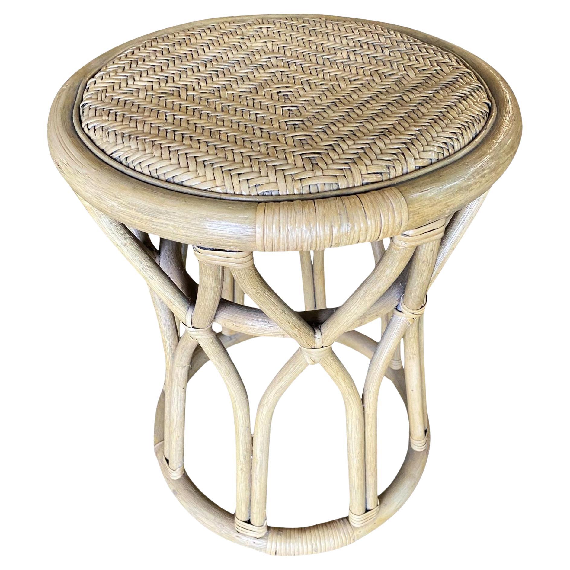 Restored "X" Rattan Vanity Stool with Wicker Seat For Sale