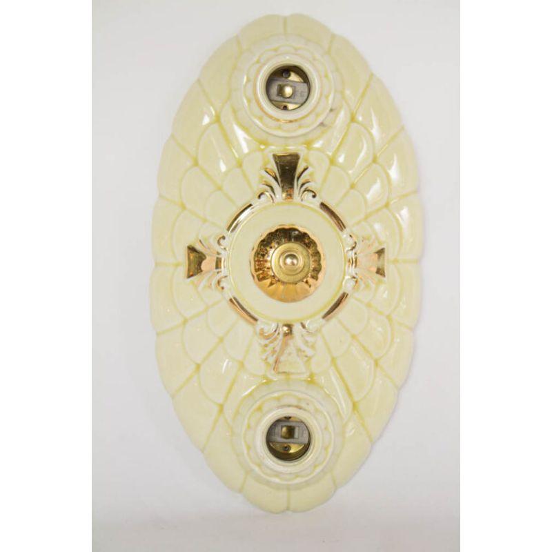 Art Deco Restored Yellow Porcelain Two Light Flush Mount Fixture – Two available For Sale