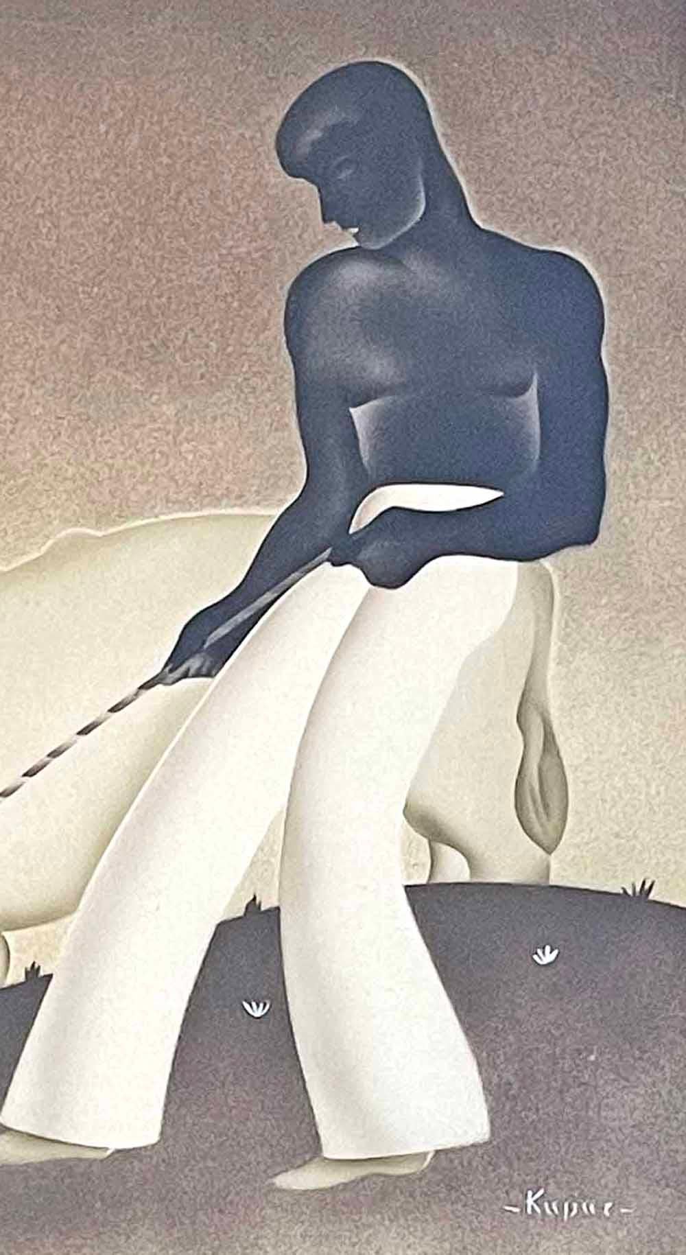 Dramatic and bold, this painting of a shirtless man restraining a bull -- his skin dark as night, and the bull's hide as pale as moonlight -- is a classic example of Art Deco design.  Both figures are highly stylized, and the stage is a hilltop