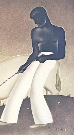 "Restraining the Bull", Striking Art Deco Painting w/ Shirtless Male Figure