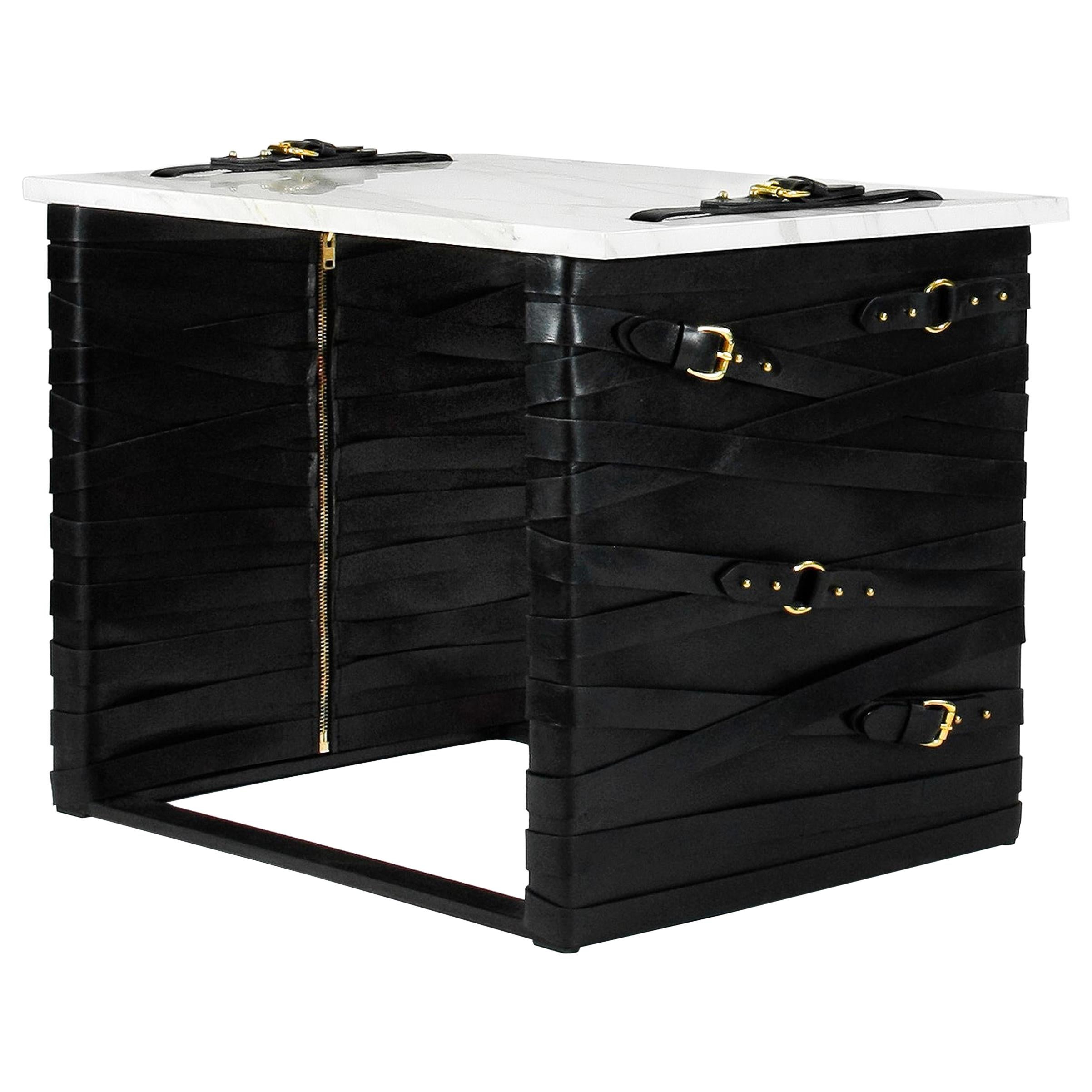 Restraint Accent Table in Steel, Calacatta Gold Marble with Dual Leather Panels