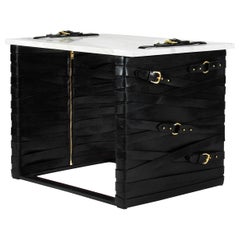 Restraint Accent Table in Steel, Calacatta Gold Marble with Dual Leather Panels