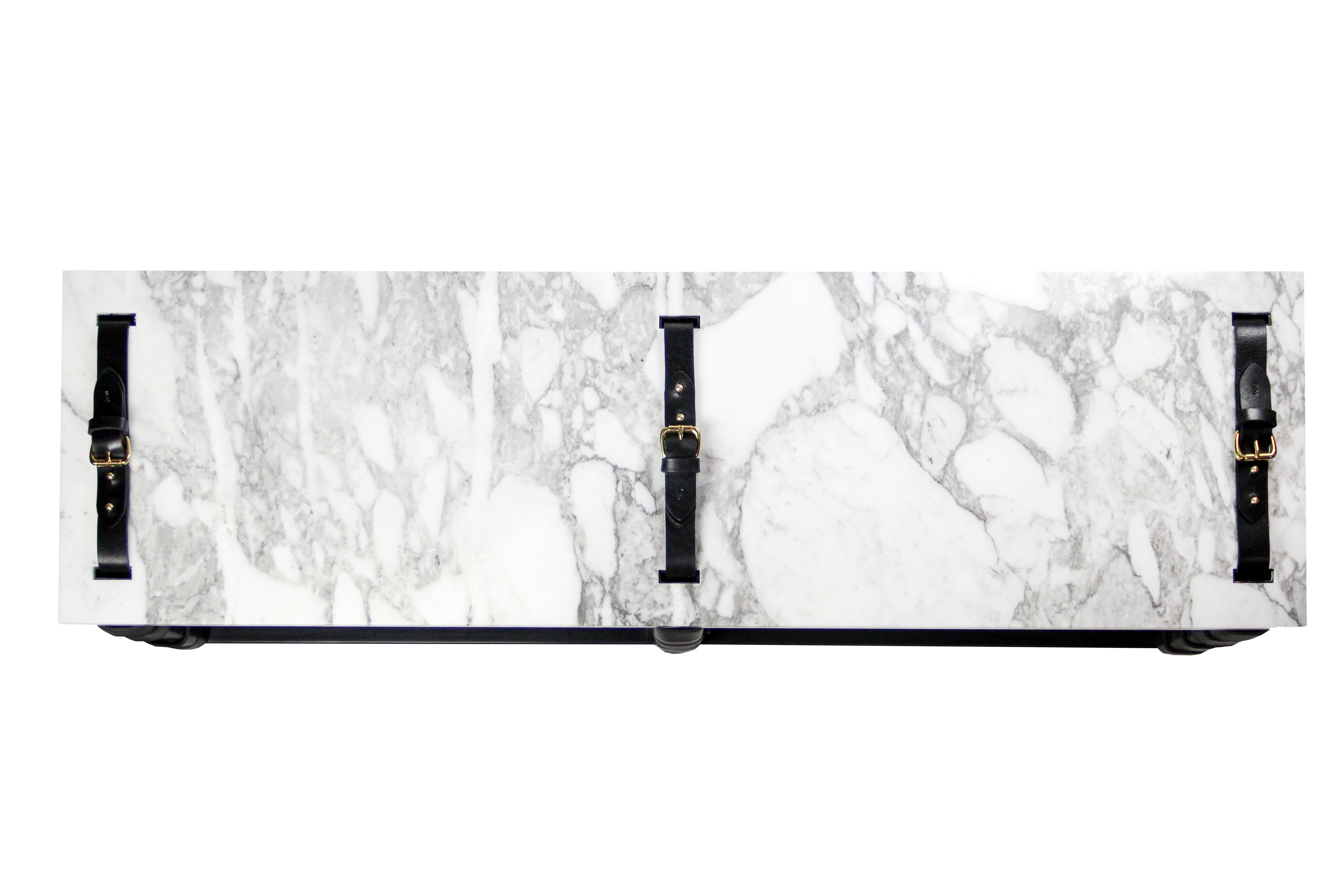 Modern Restraint Bench in Steel, Statuary Marble with Black Leather Panels & Brass For Sale
