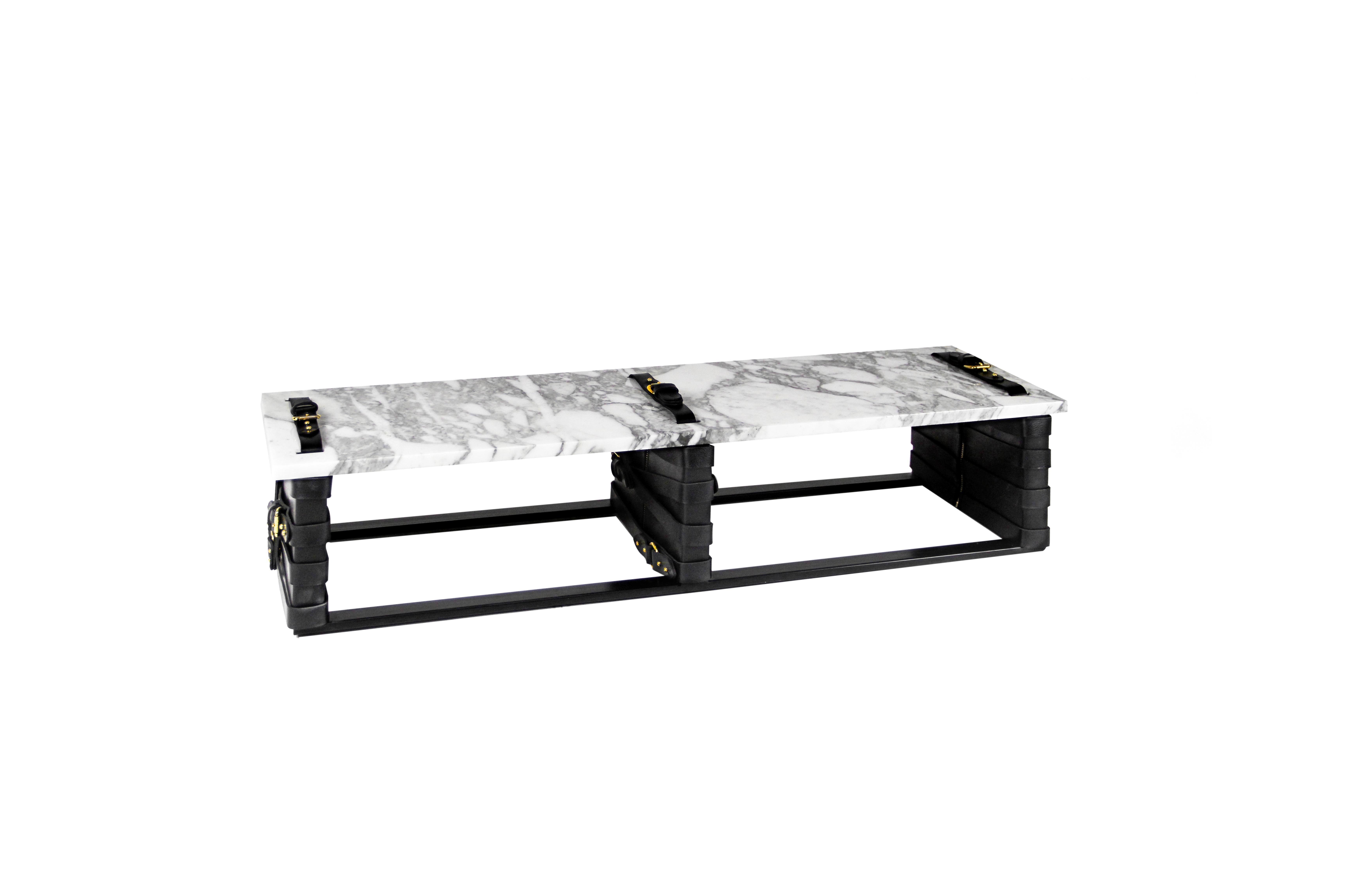 Contemporary Restraint Bench in Steel, Statuary Marble with Black Leather Panels & Brass For Sale
