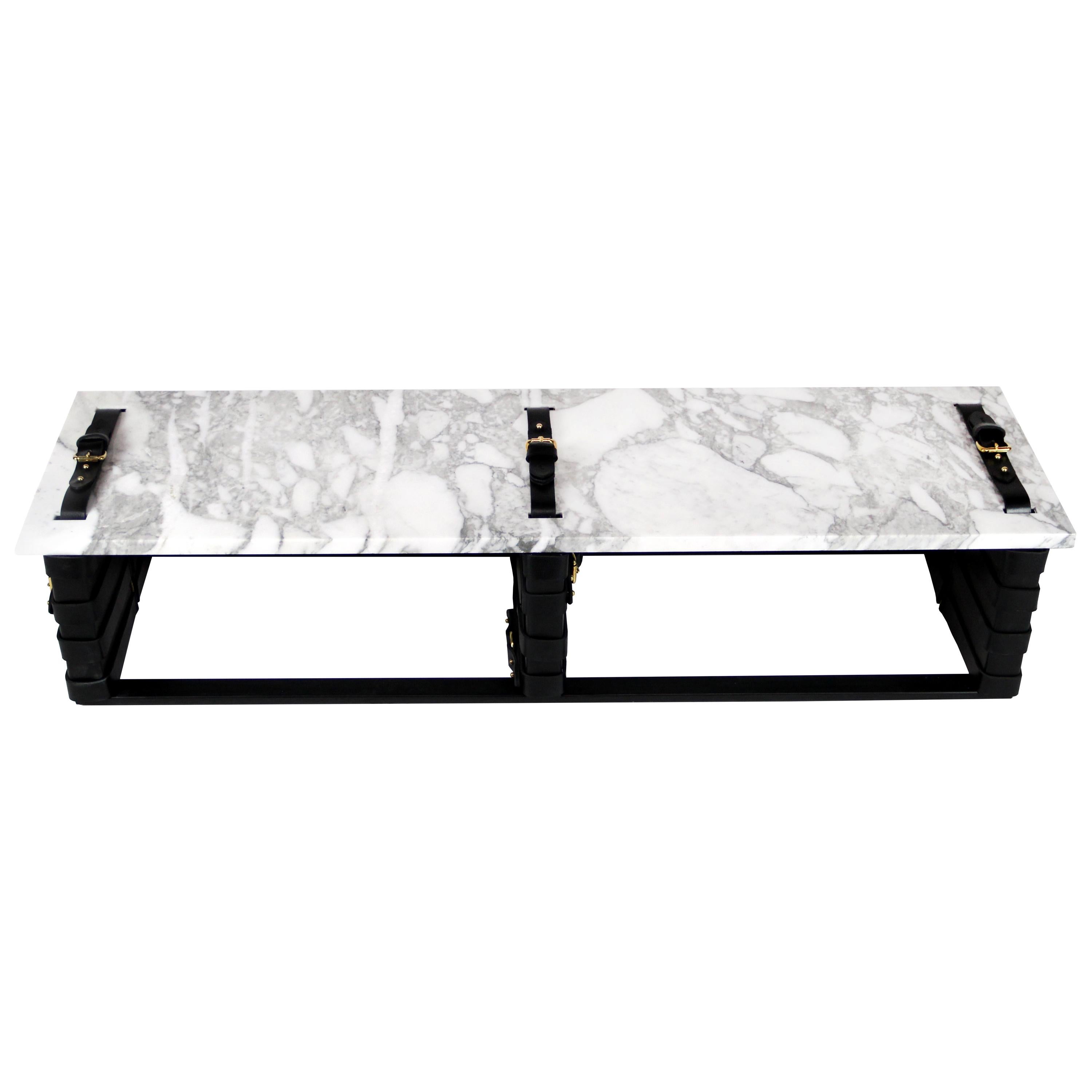 Restraint Bench in Steel, Statuary Marble with Black Leather Panels & Brass For Sale