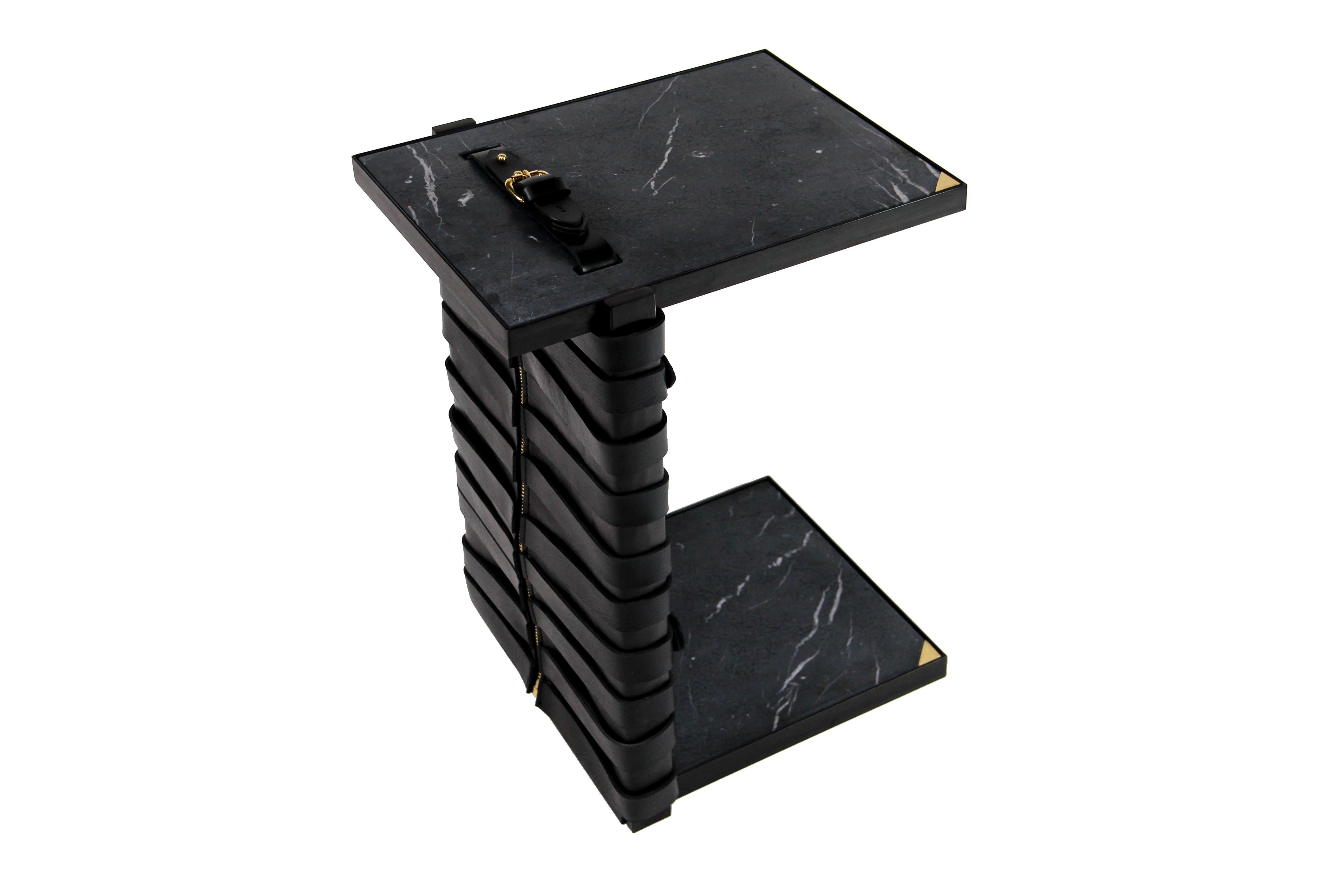 American Restraint Side Table in Steel, Nero Marquina Marble with Black Leather Panels For Sale
