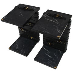 Restraint Side Table in Steel, Nero Marquina Marble with Black Leather Panels