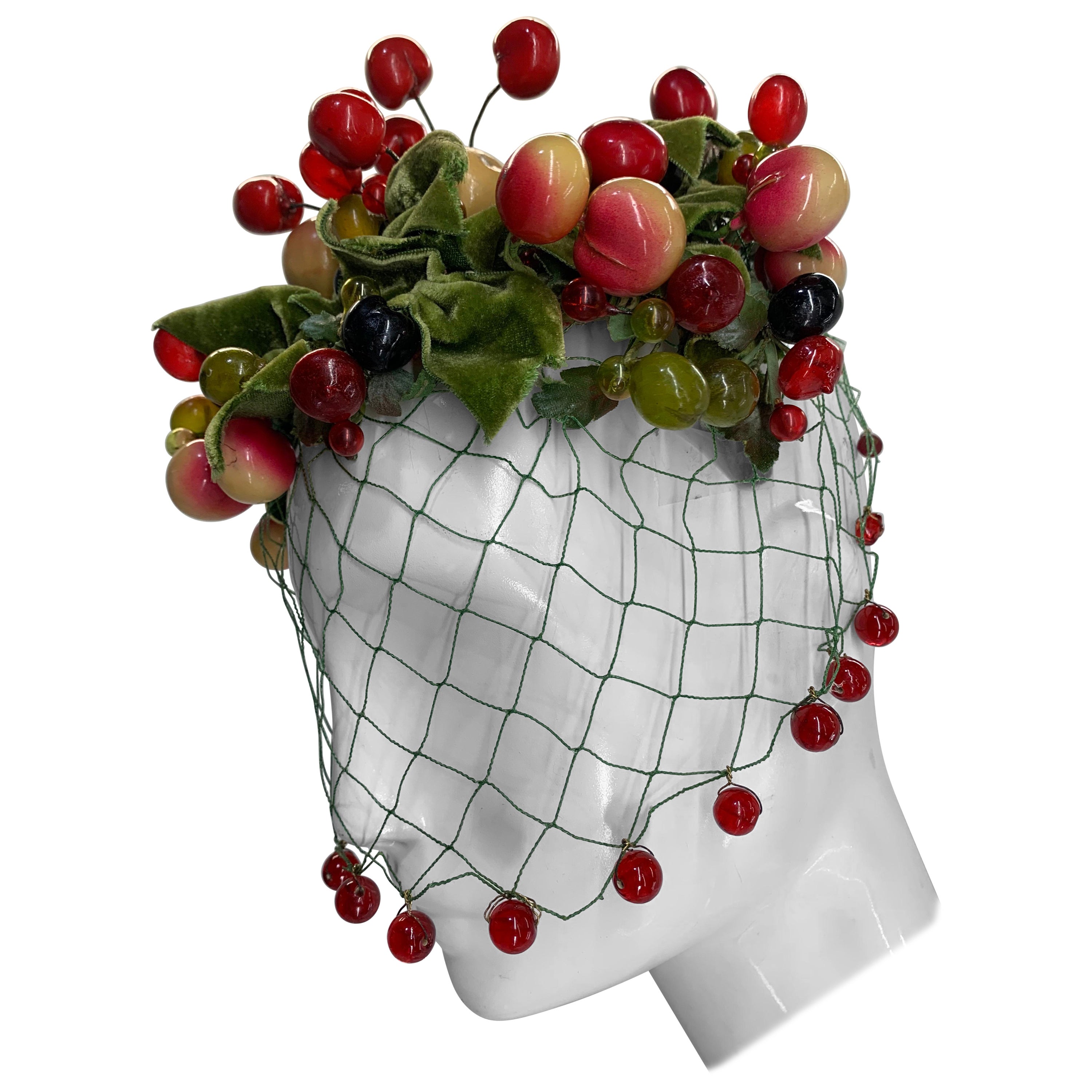 Restyled 1950s Torso Creations "Tart Cherry" Hat w/ Cherry Beaded Veil
