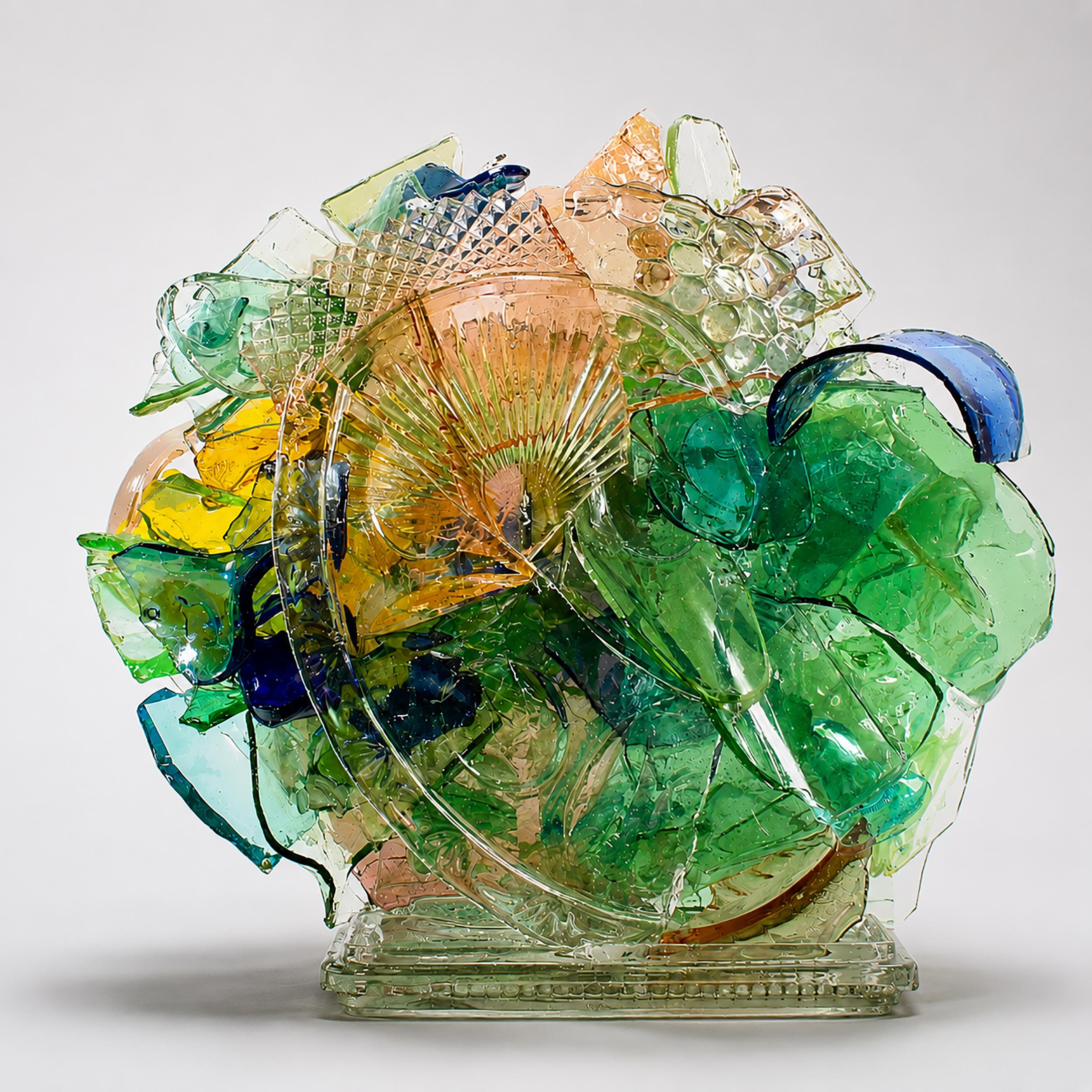 « Clearing », sculpture en verre vintage, verre victorien de récupération, 15 x 15 x 5 pouces.