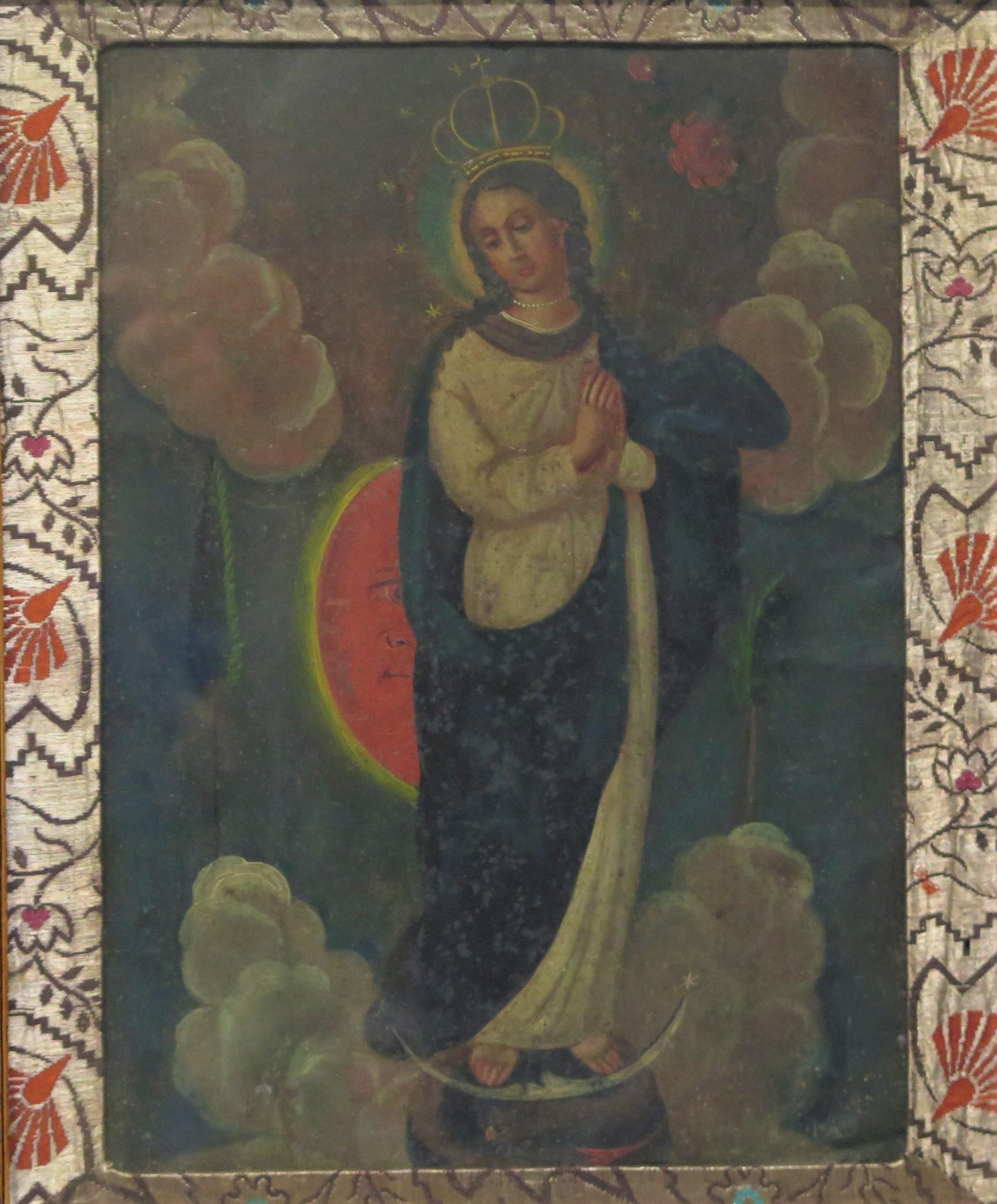 La Purisima Concepcion (The Immaculate Conception), circa 19th Century frame oil on tin Retablo, Mexico, The virgin Mary in blue mantle over a white gown, standing on a globe with crescent moon, a serpent beneath her feet, the sun is appearing from