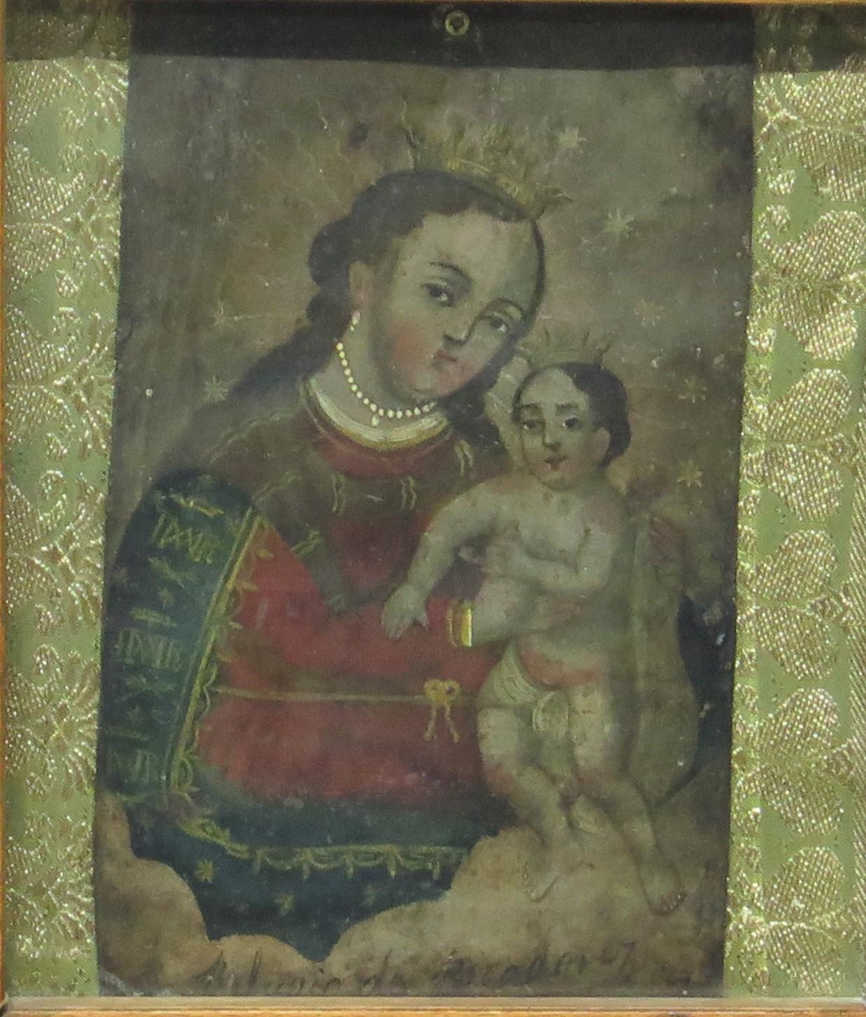 Beautiful depiction of N.S. Refugio de Pecadores, patron saint of Zacatecas.  She appears crowned and holds the crowned Child.  She wears a scarf across her right shoulder and her blue cape is initialed with her ciphers, the Christ child holds her