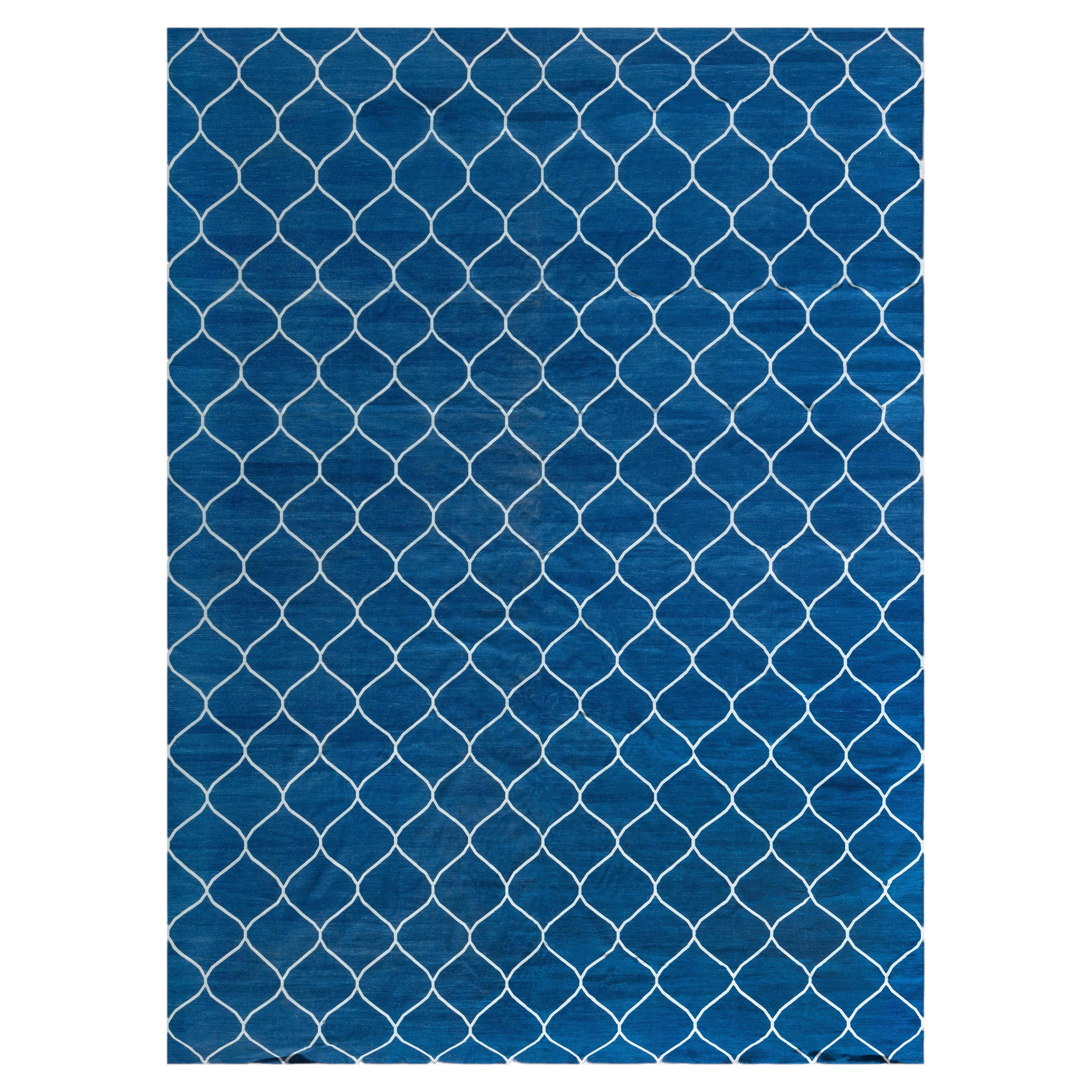 "Reticolo" Modern Dhurrie Lattice Blue Handmade Carpet by Doris Leslie Blau