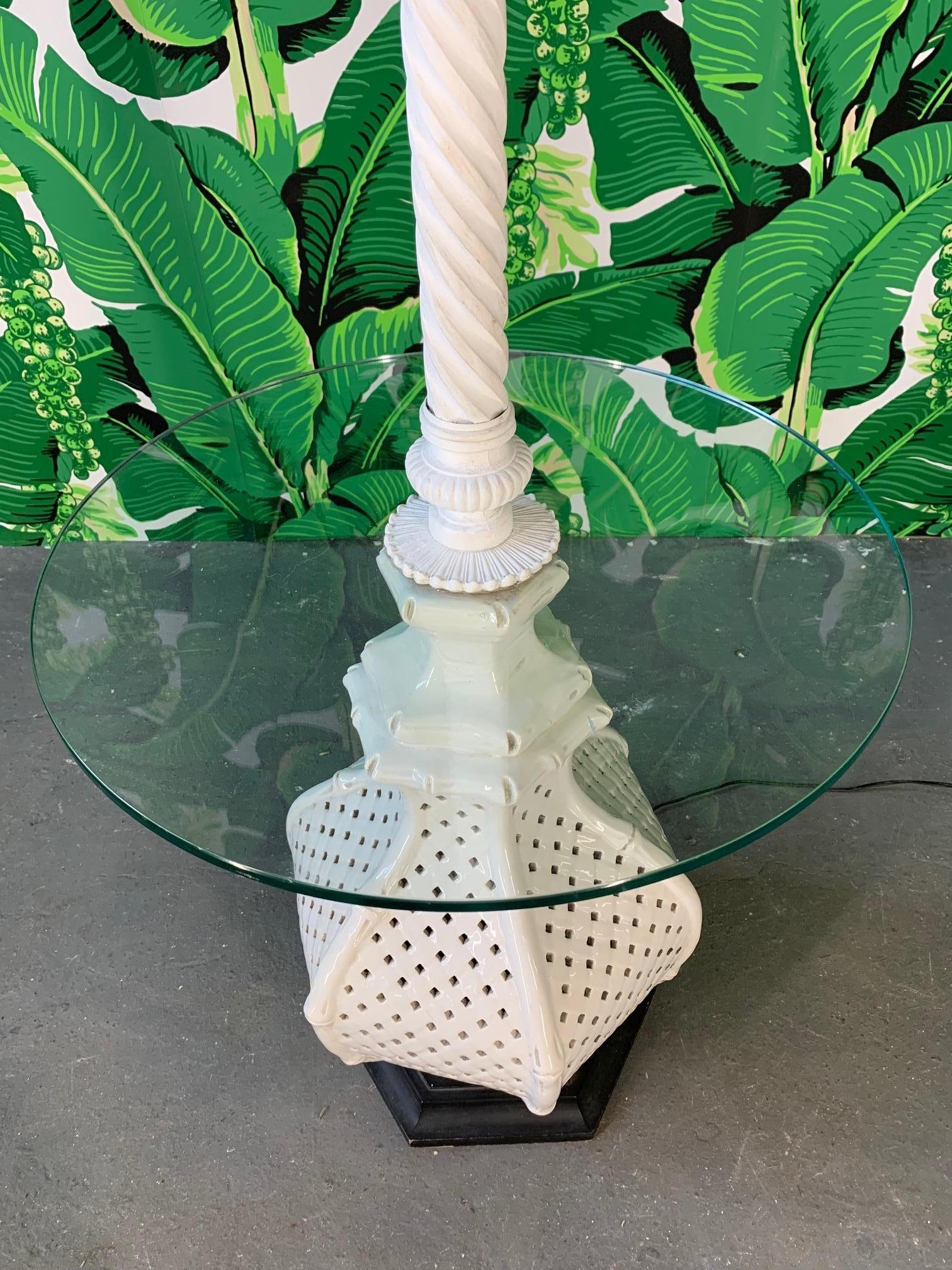 Floor lamp by Nardini features ceramic base in reticulated lattice with faux bamboo detailing. Glass tabletop and carved twisted wood post. Shade not included. Very good vintage condition with only very minor imperfections consistent with age. Total