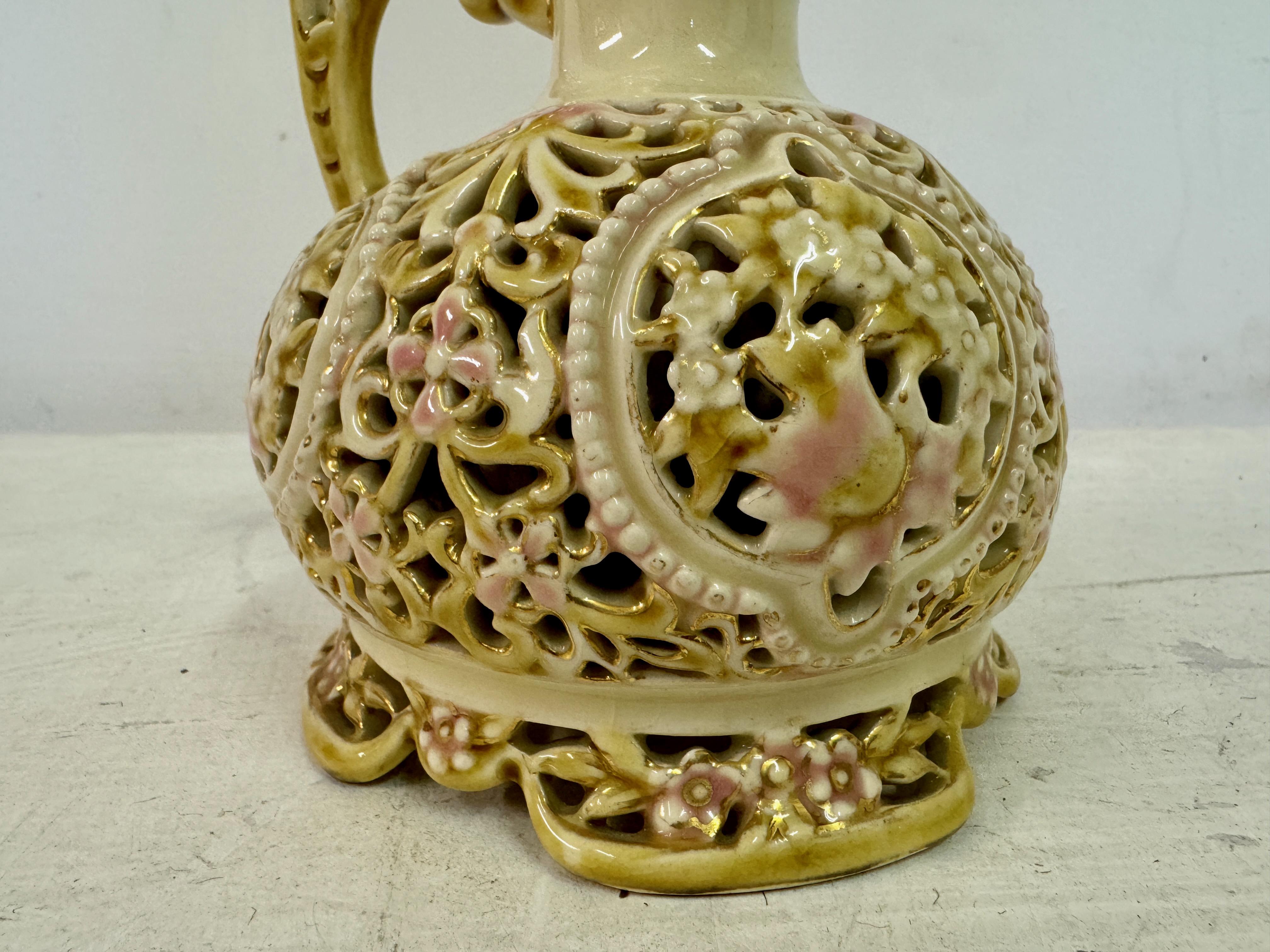 Hungarian Reticulated Ceramic Pitcher By Zsolnay