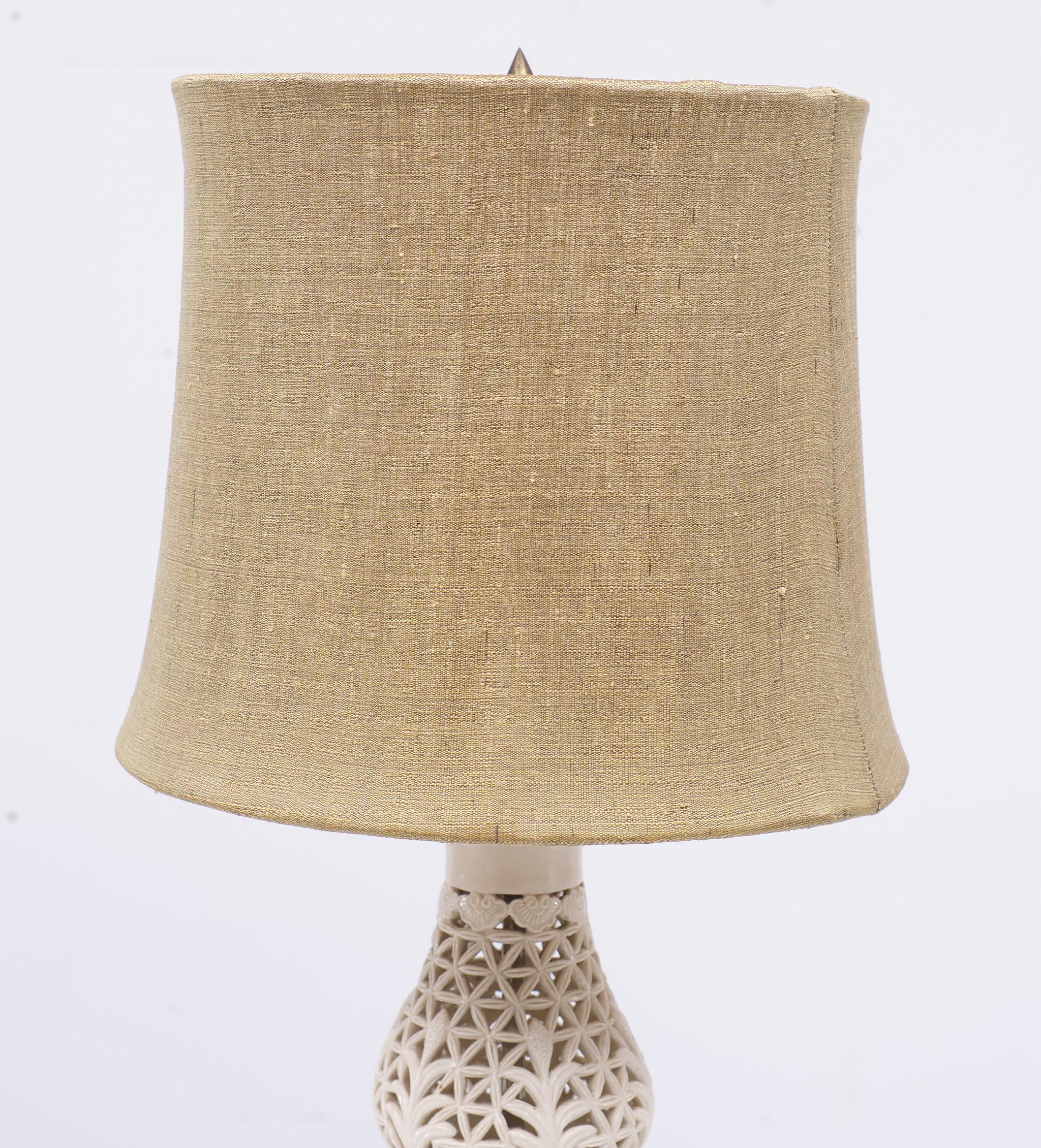 Ceramic Reticulated Chinoiserie Blanc De Chine Table Lamp  1960s 