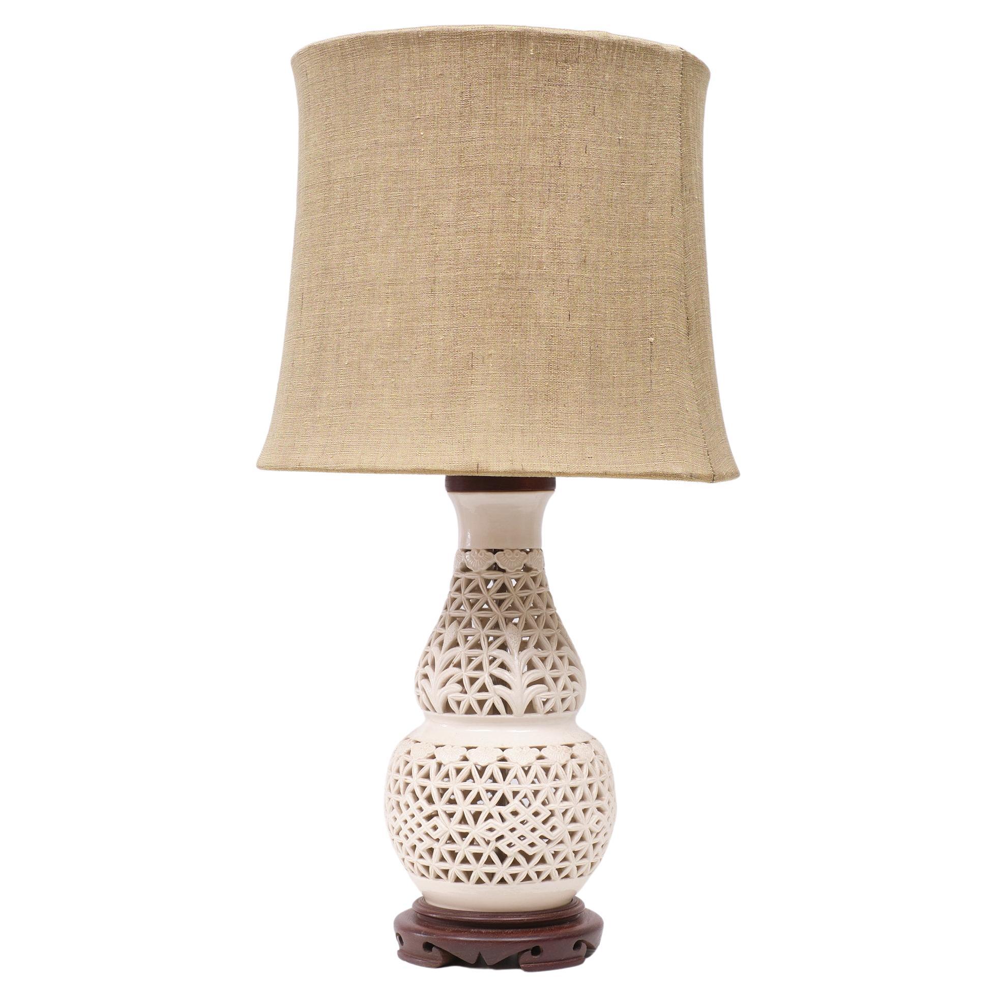 Reticulated Chinoiserie Blanc De Chine Table Lamp  1960s 