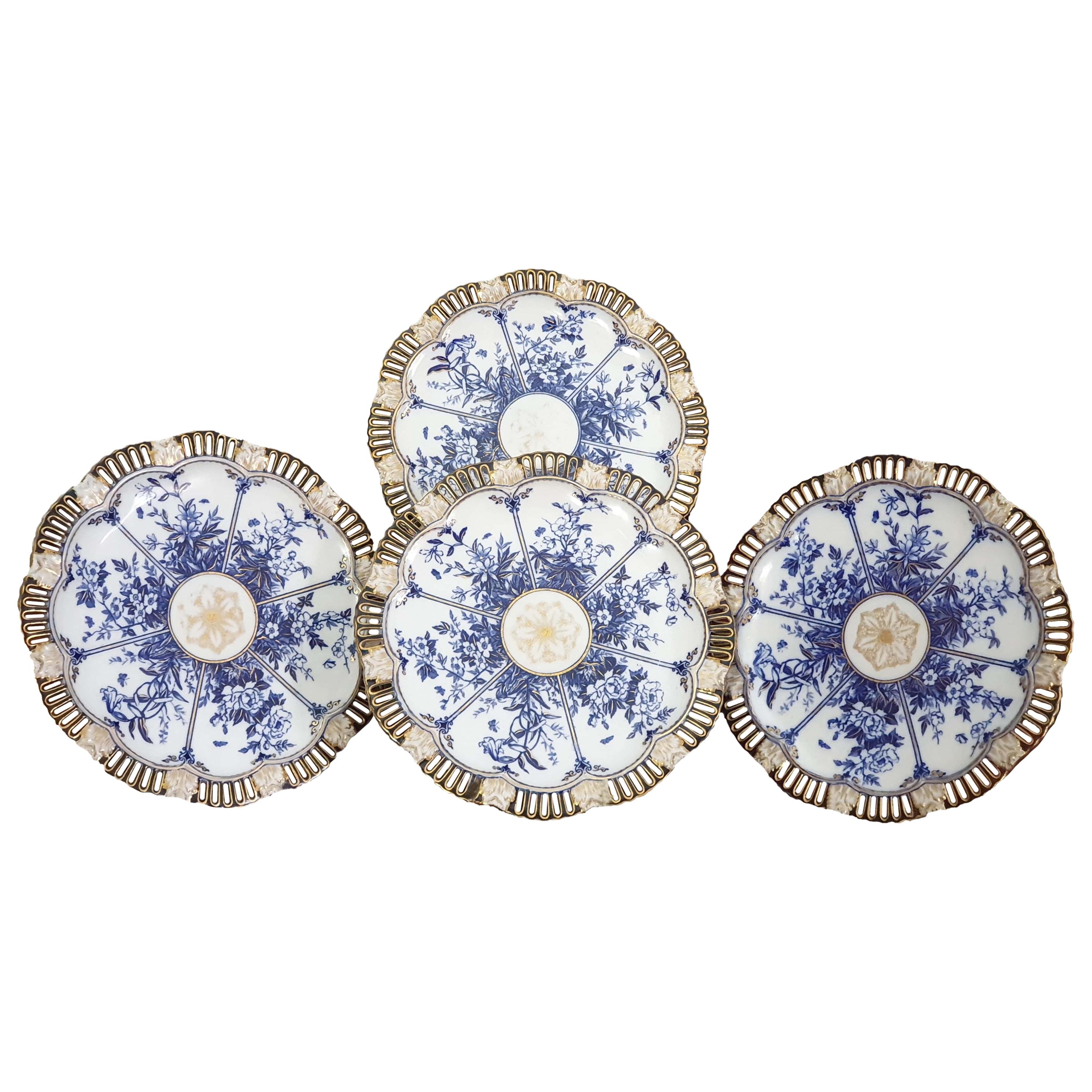 Reticulated Floral Panelled Lotus English Coalport Set Of 4 Cabinet Plates For Sale