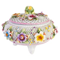 Antique Reticulated Fine Porcelain Relief Floral Centerpiece Lidded Bowl 
