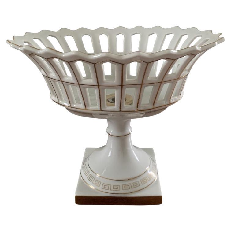 Reticulated Gold Gilt Greek Key Porcelain Basket Compote For Sale