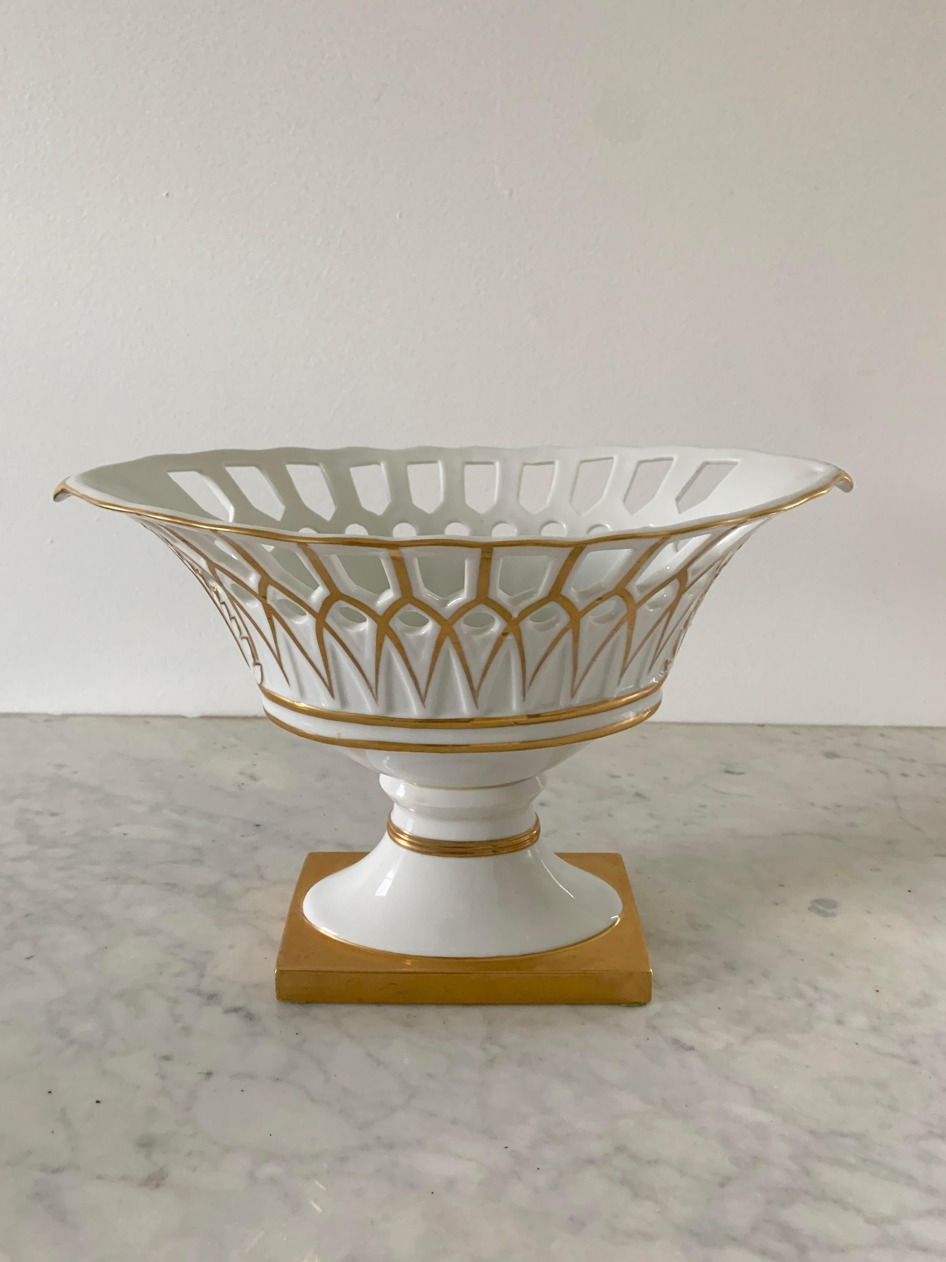 20th Century Reticulated Gold Gilt Porcelain Basket Compote For Sale