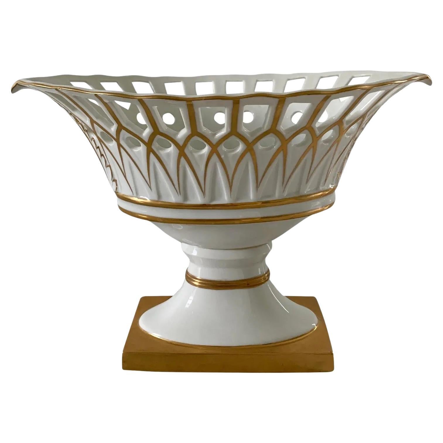 Reticulated Gold Gilt Porcelain Basket Compote For Sale