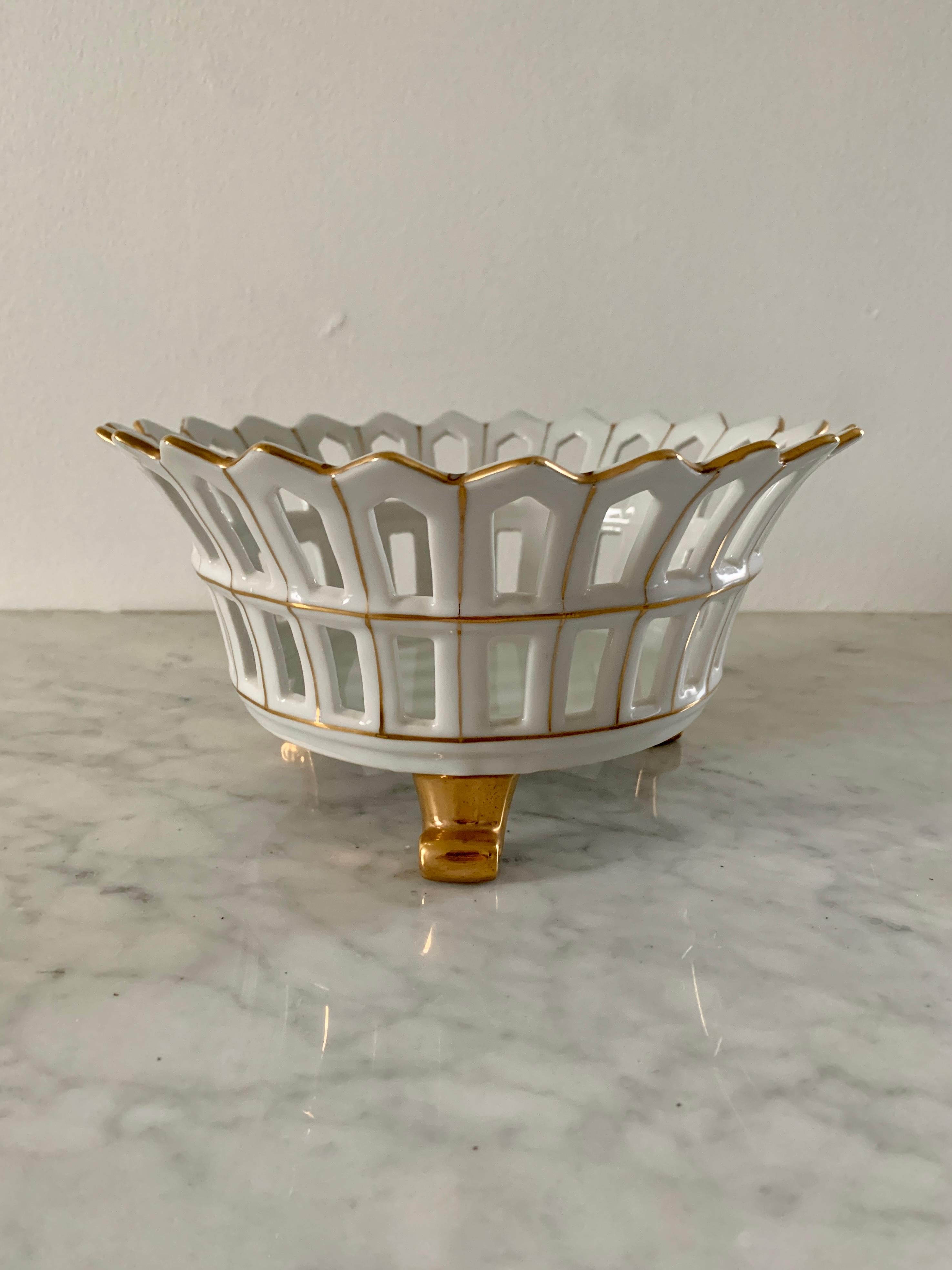 Regency Reticulated Gold Gilt Porcelain Footed Basket For Sale