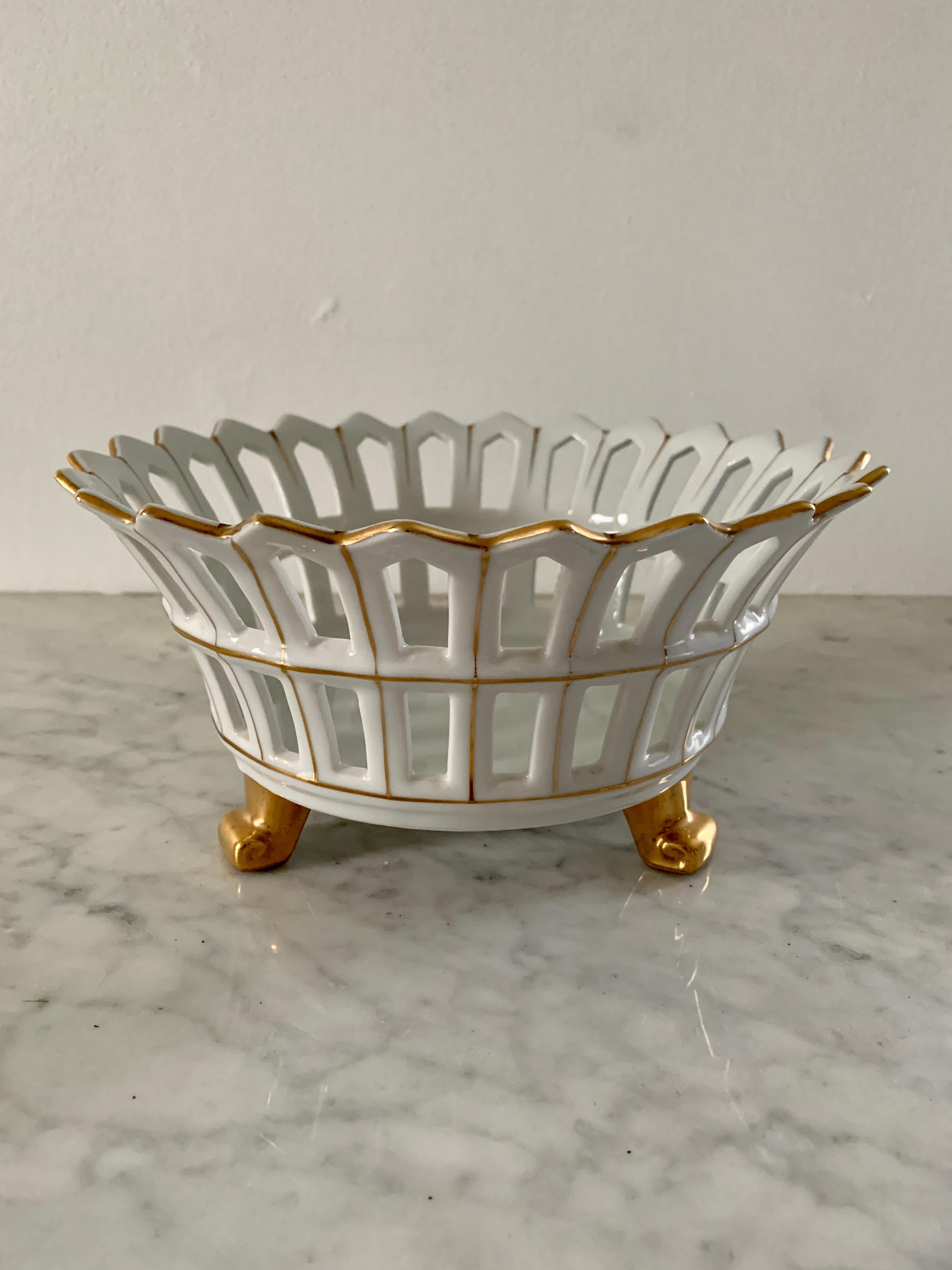 American Reticulated Gold Gilt Porcelain Footed Basket For Sale