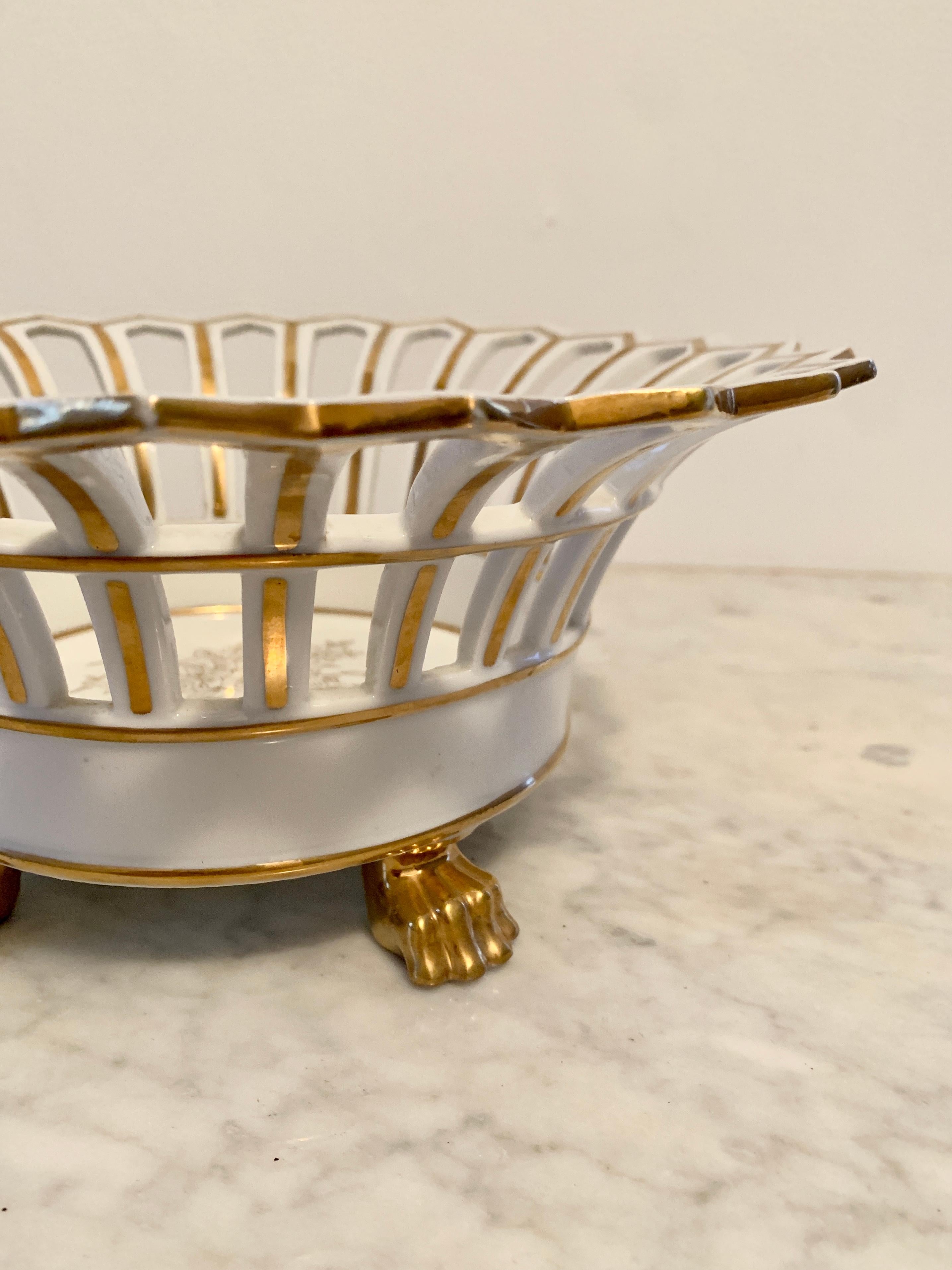 Neoclassical Reticulated Gold Gilt Porcelain Lion Paw Footed Basket For Sale