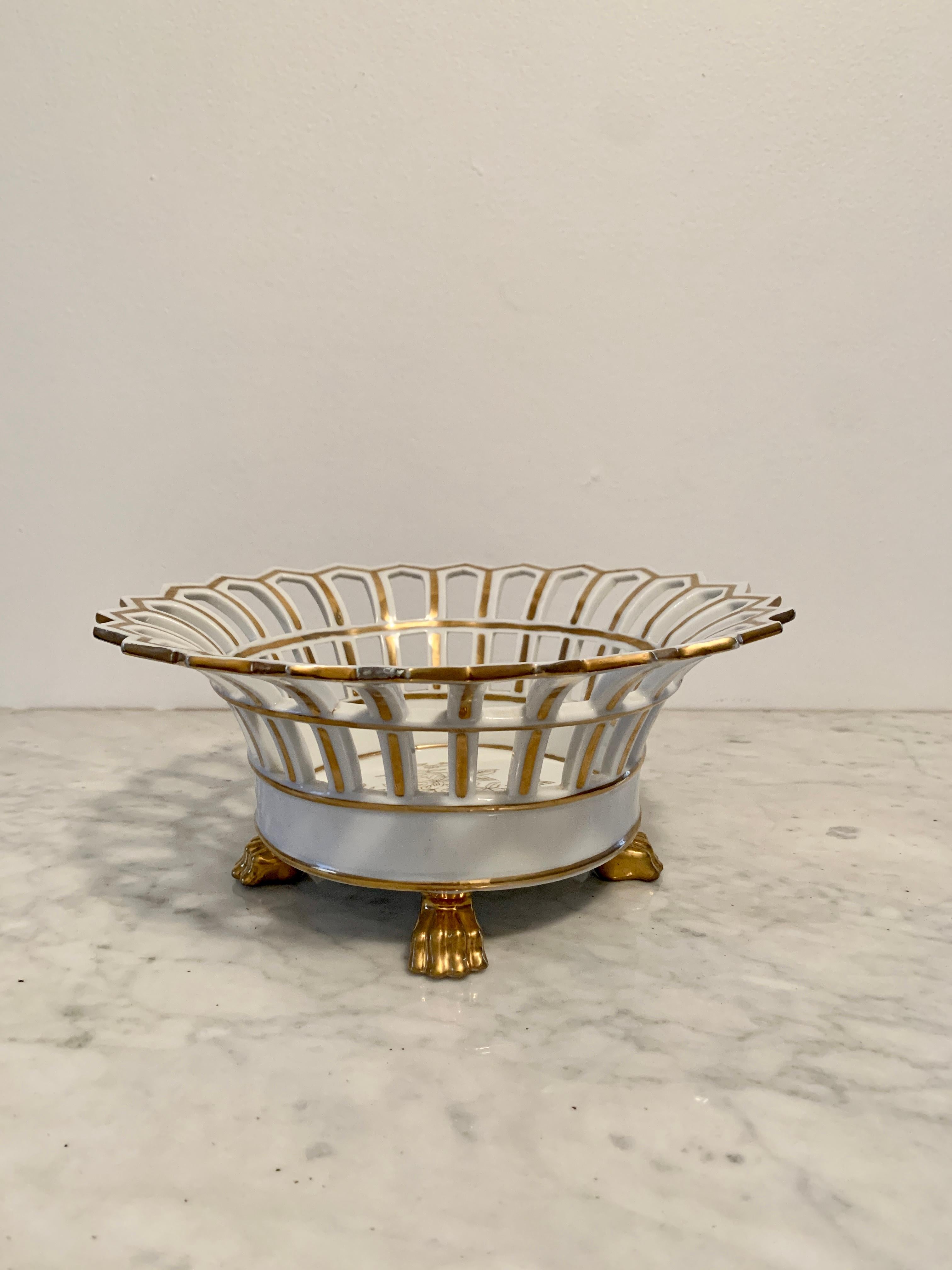 American Reticulated Gold Gilt Porcelain Lion Paw Footed Basket For Sale