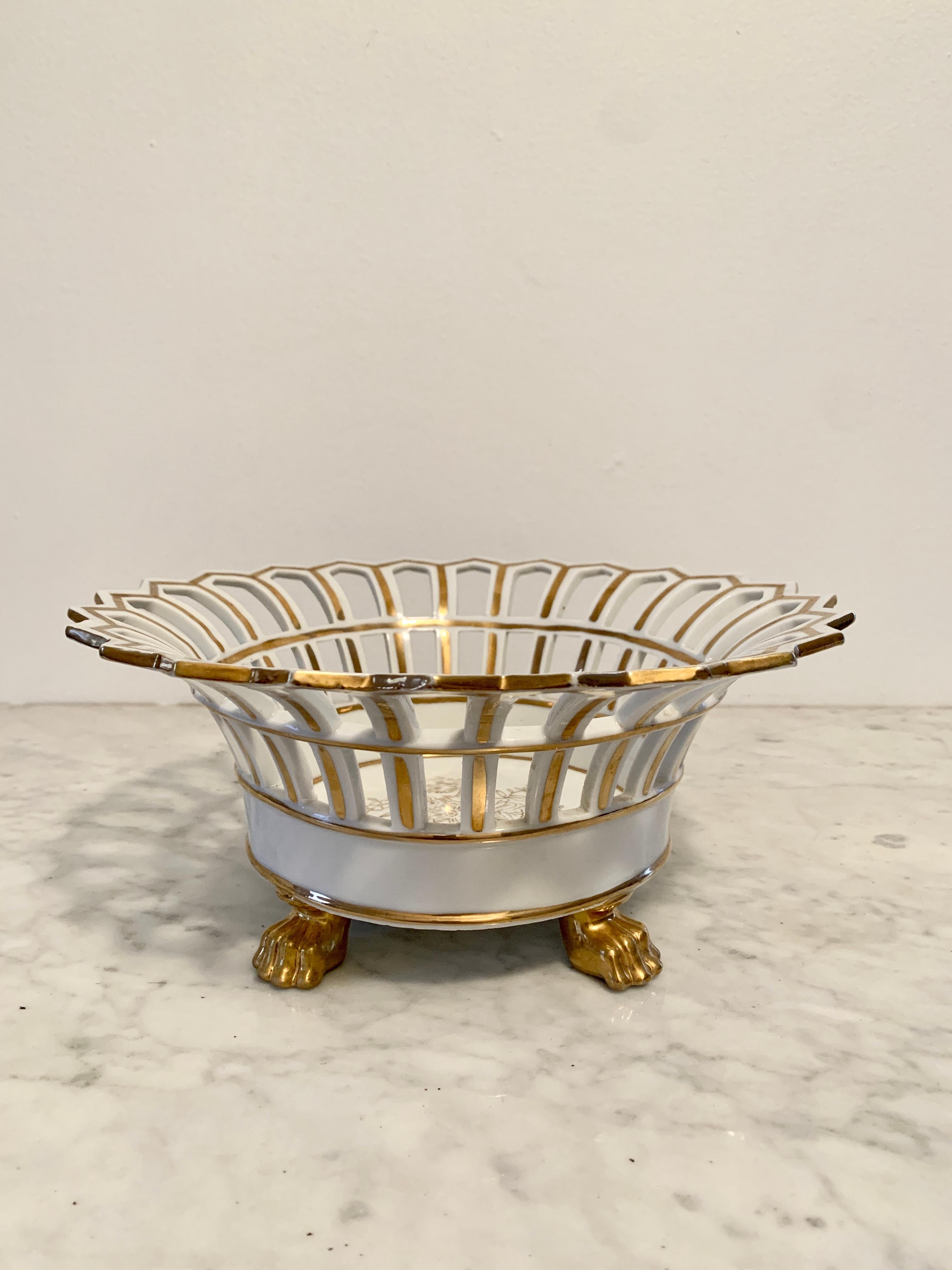 20th Century Reticulated Gold Gilt Porcelain Lion Paw Footed Basket For Sale
