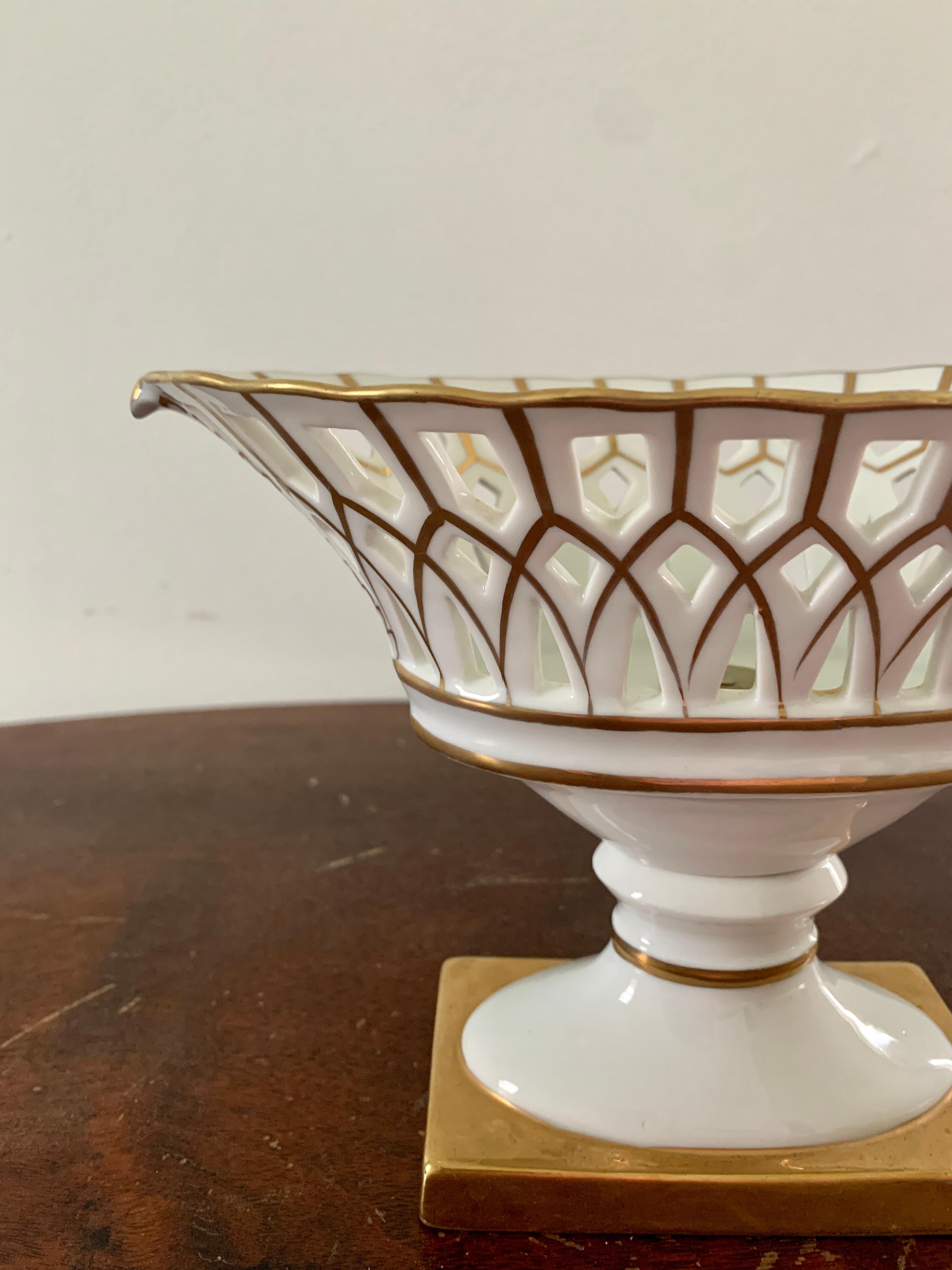 American Reticulated Regency White Porcelain and Gold Gilt Basket Compote For Sale