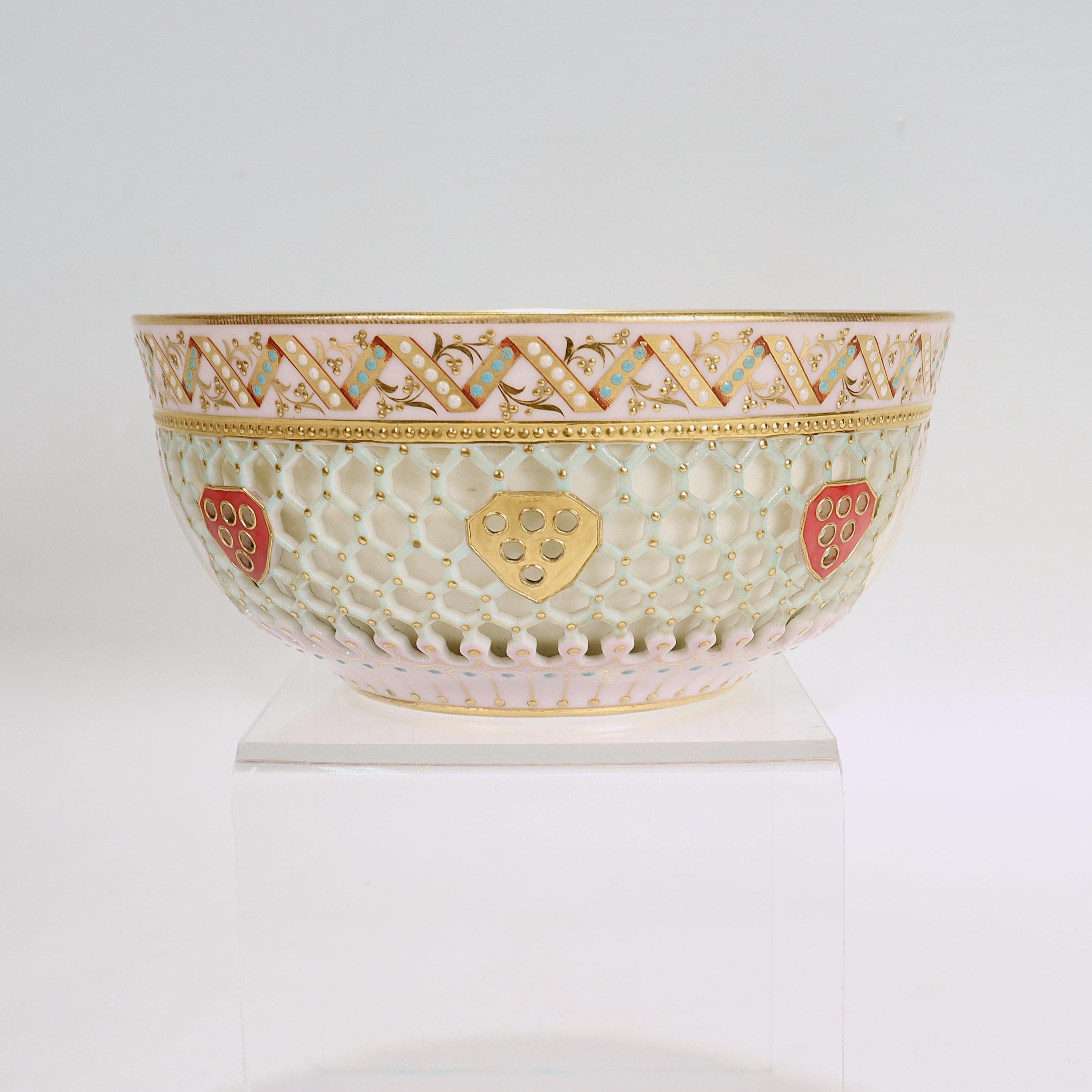 Aesthetic Movement Reticulated Royal Worcester Porcelain Bowl Attr. to George Owen & Samuel Ranford For Sale