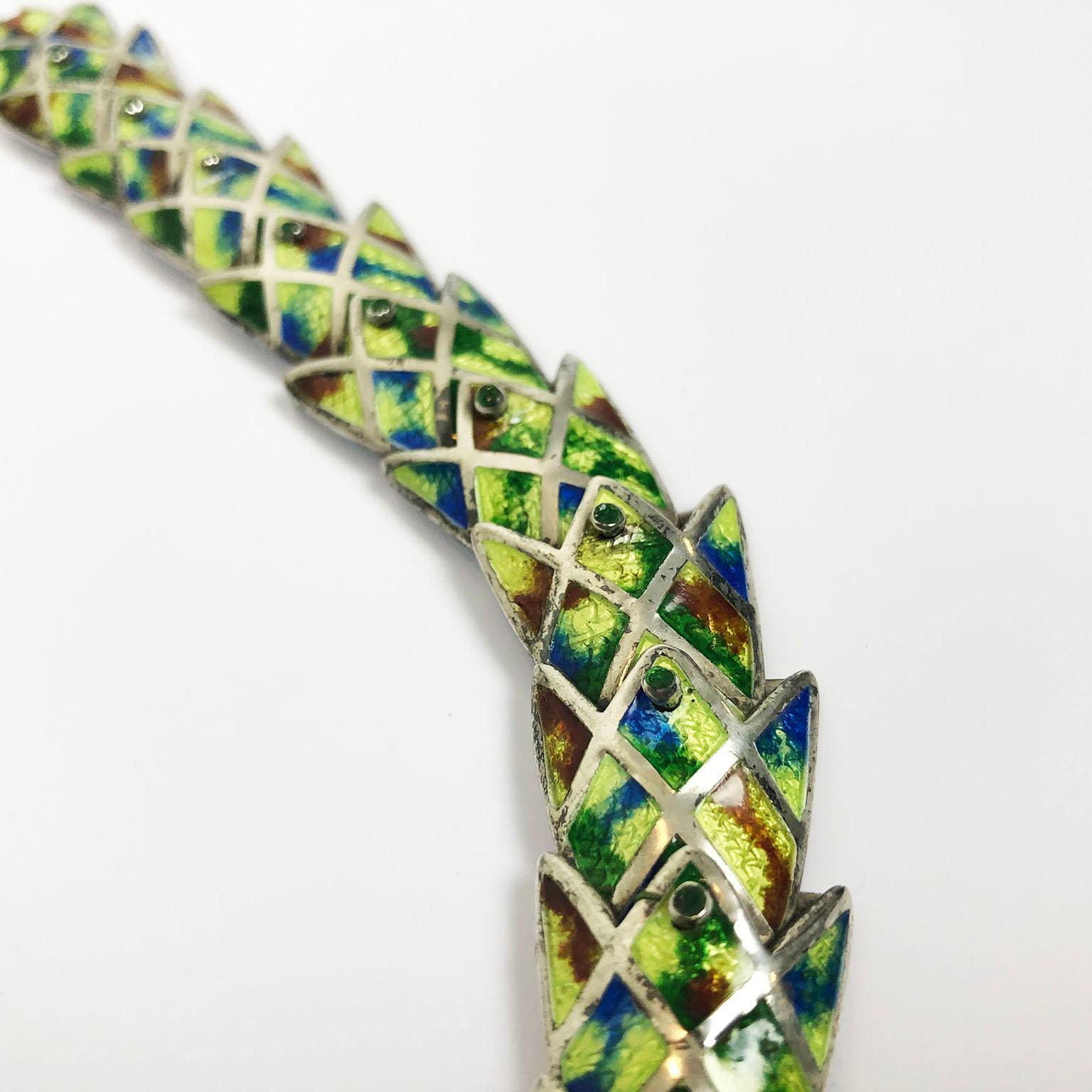 Mid-Century Modern Reticulated Silver and Enamel Serpent Necklace and Bracelet by Jerónimo Fuentes