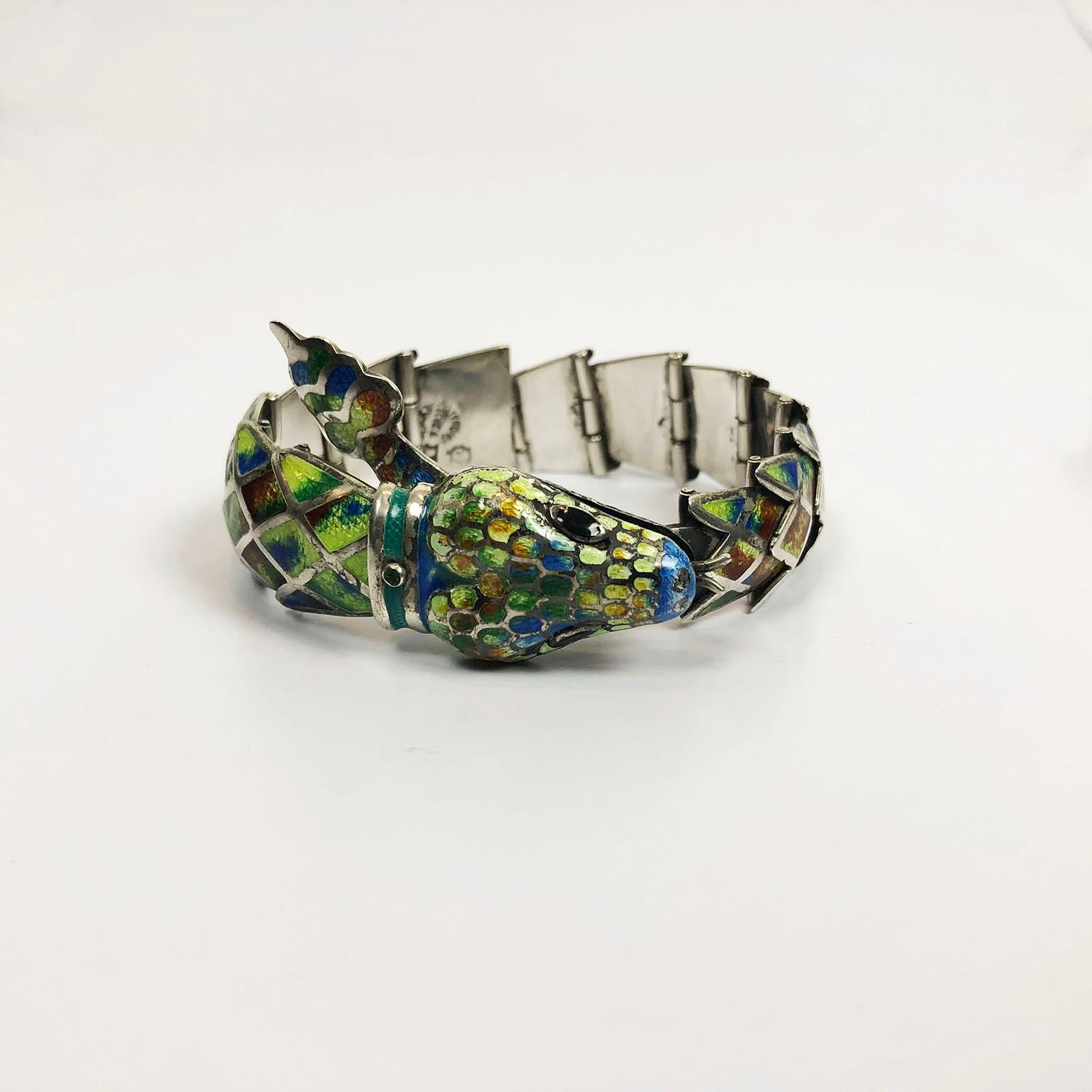 Mexican Reticulated Silver and Enamel Serpent Necklace and Bracelet by Jerónimo Fuentes