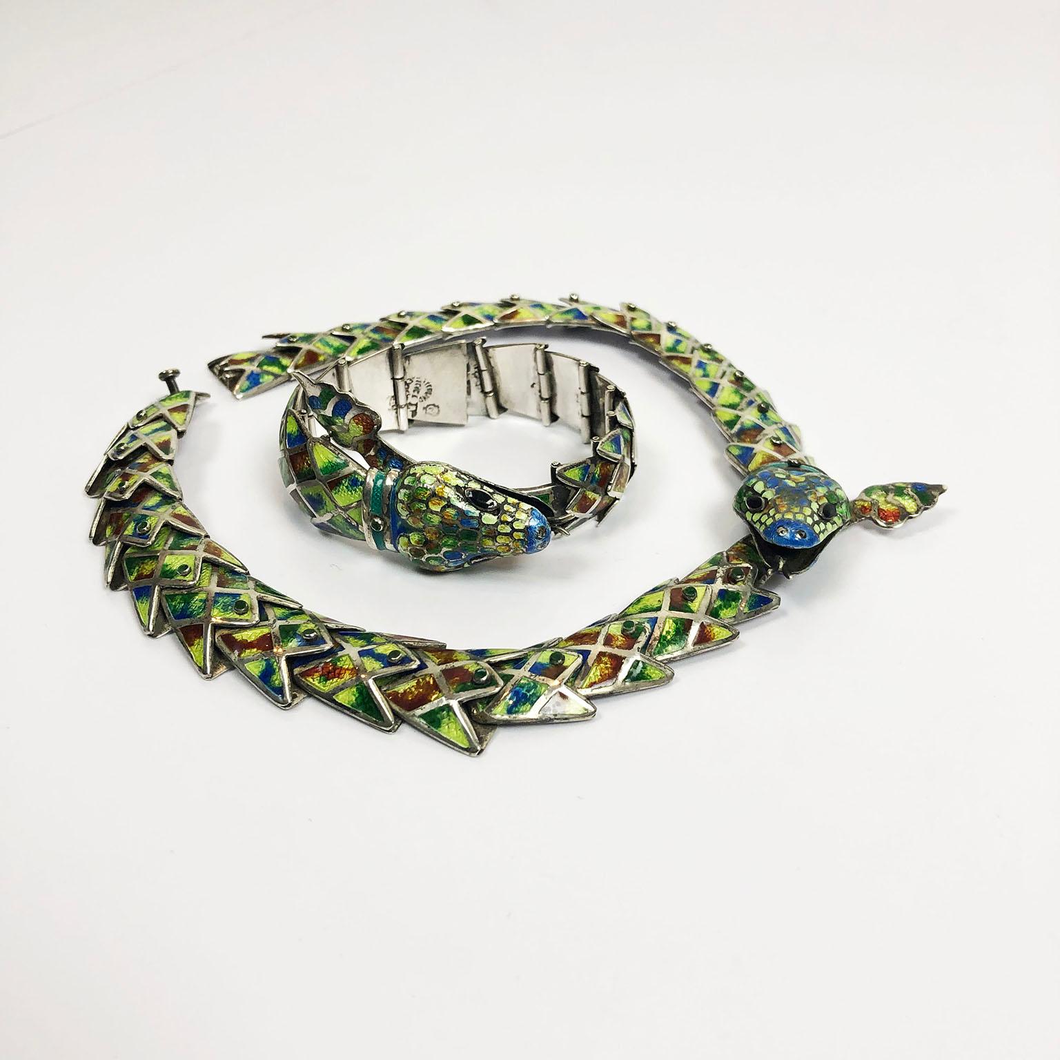 Mid-20th Century Reticulated Silver and Enamel Serpent Necklace and Bracelet by Jerónimo Fuentes