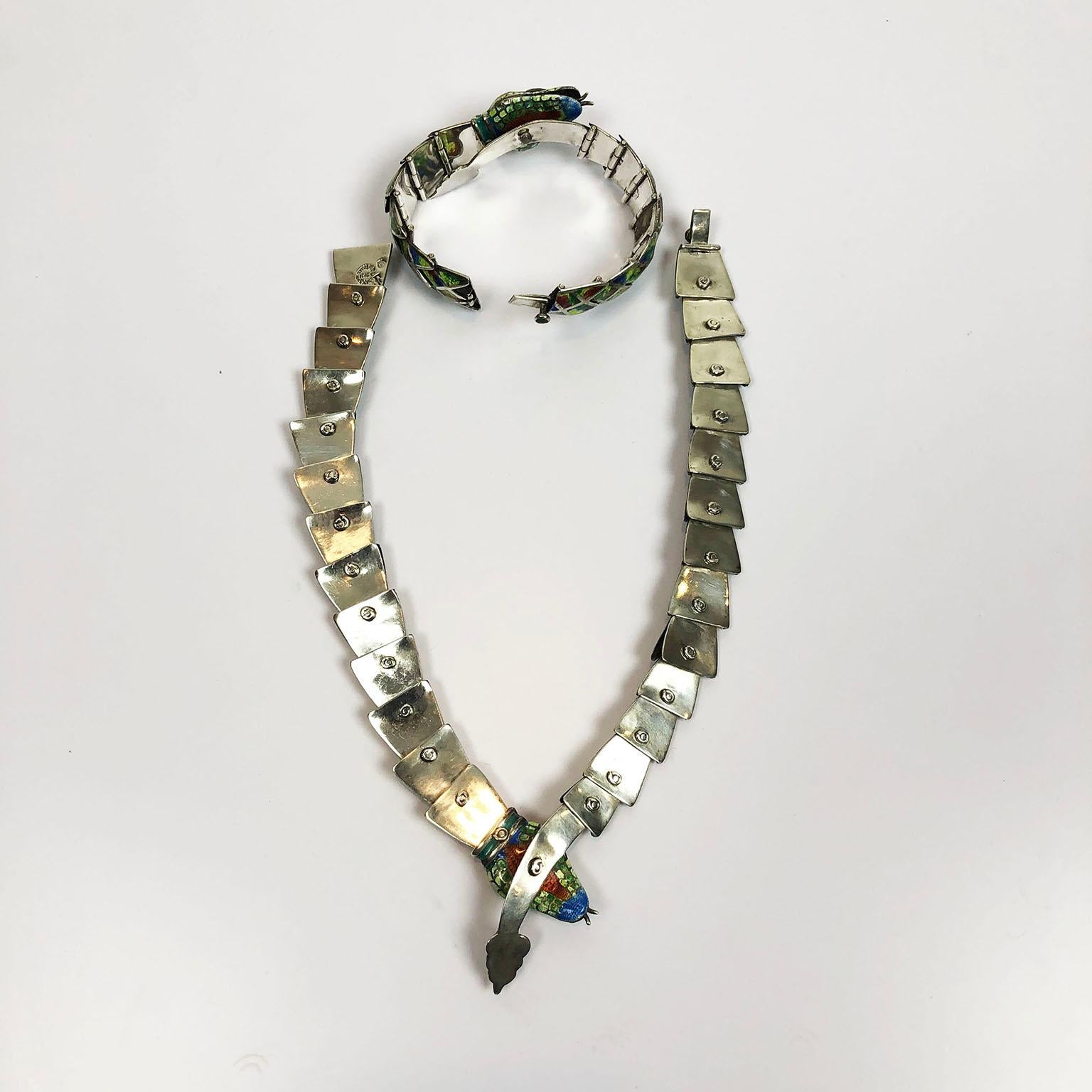 Reticulated Silver and Enamel Serpent Necklace and Bracelet by Jerónimo Fuentes 1